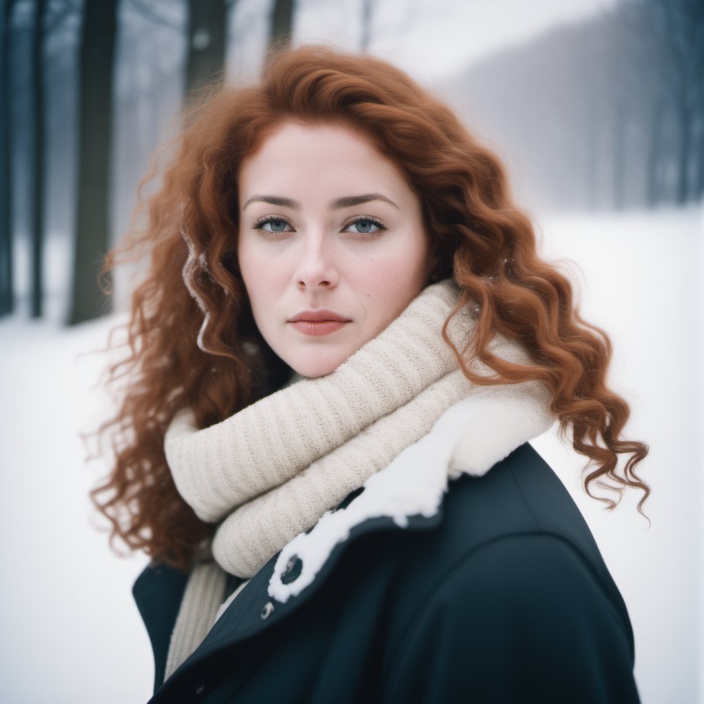 portrait of a woman, auburn curly hair, snowy winter season, analog film still <lora:dazr3pl1ca_001_SDXL1_ada:1>