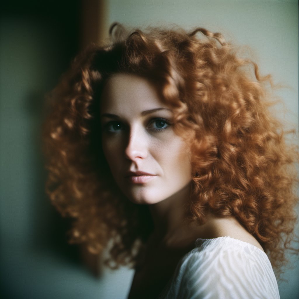 portrait of a woman, auburn curly hair, analog film still <lora:dazr3pl1ca_001_SDXL1_ada:1>