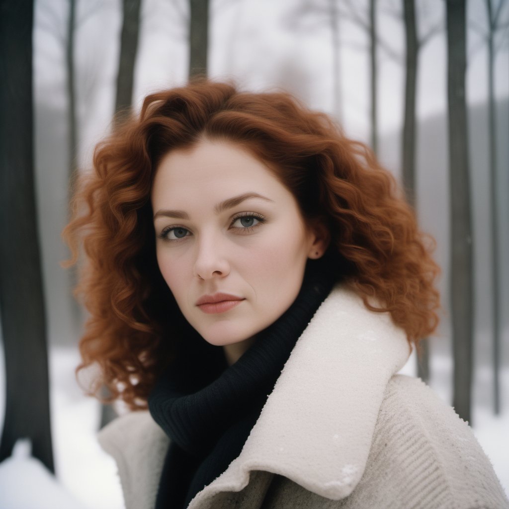 portrait of a woman, auburn curly hair, snowy winter season, analog film still <lora:dazr3pl1ca_001_SDXL1_ada:1>