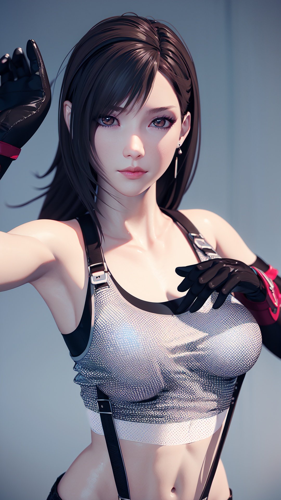  realistic,octane render,3D CG,Sharpening, clarity,1girl,1girl, tifa lockhart, solo, long hair, earrings, jewelry, crop top, suspenders, black hair, breasts, looking at viewer, upper body, white tank top, tank top, bangs, midriff, brown eyes, gloves, bare shoulders, shirt, elbow gloves, sleeveless, blue background