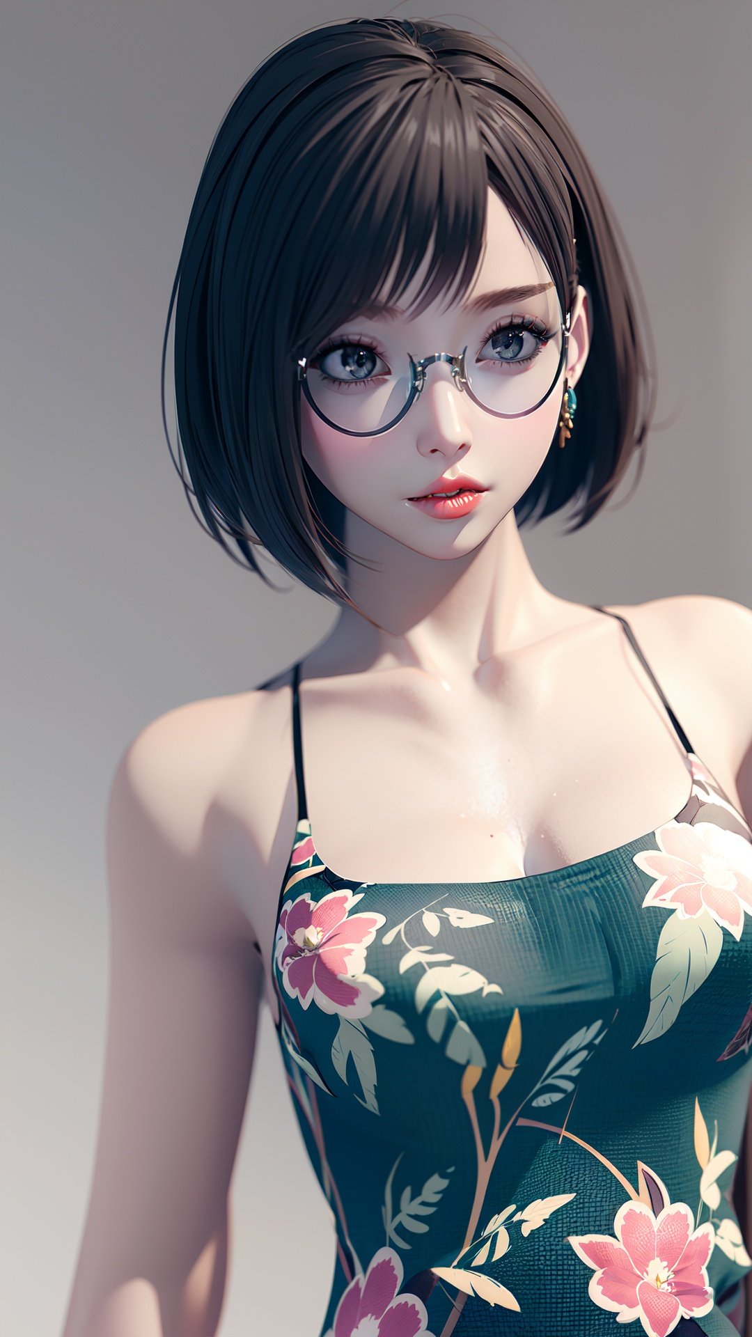  realistic, octane render, 3D CG,solo, 1girl, solo, dress, earrings, breasts, looking at viewer, jewelry, glasses, short hair, print dress, floral print, simple background, parted lips, bangs, nail polish, chinese clothes, grey background, lips