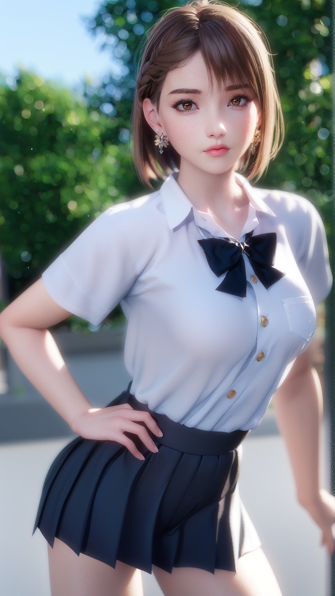 realistic, octane render, 3D CG,1girl, brown hair, solo, brown eyes, shirt, looking at viewer, bow, hand on hip, braid, short hair, white shirt, jewelry, blurry background, earrings, realistic, blurry, school uniform, short sleeves, bowtie