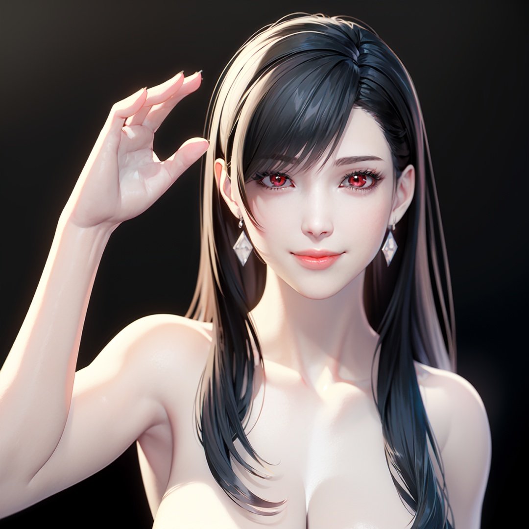  realistic,octane render,(((black background))), 1girl,white skin, tifa lockhart, solo, earrings, jewelry, long hair, black hair, breasts, looking at viewer, nude, cleavage, upper body, bangs, realistic, smile, red eyes, swept bangs, lips, fingernails, closed mouth, collarbone,