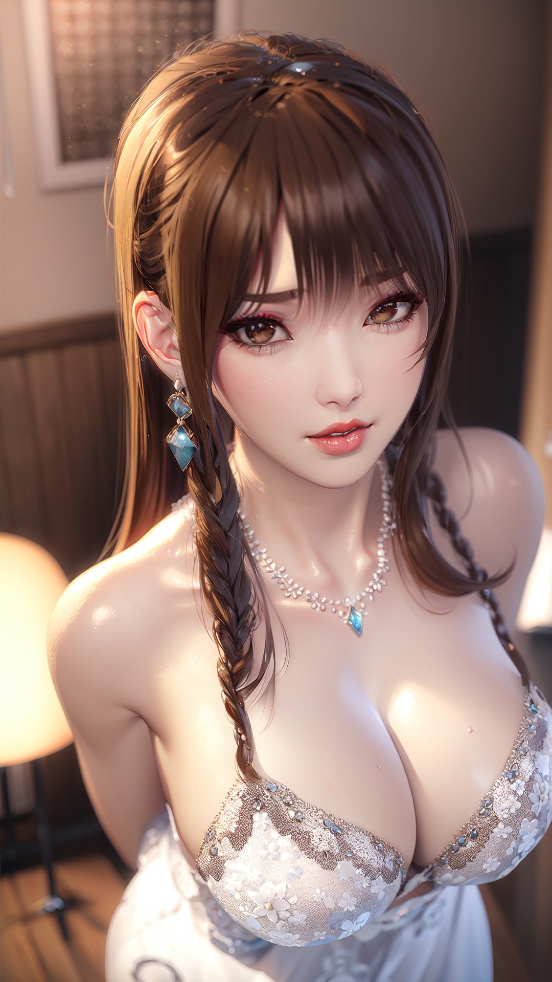 realistic, octane render, 3D CG,1girl, breasts, solo, jewelry, dress, necklace, cleavage, long hair, large breasts, veil, white dress, pearl necklace, looking at viewer, earrings, wedding dress, parted lips, bridal veil, realistic, underwear, brown eyes, bangs, from above, brown hair, red lips, blurry, lips, bra, bare shoulders, makeup, collarbone