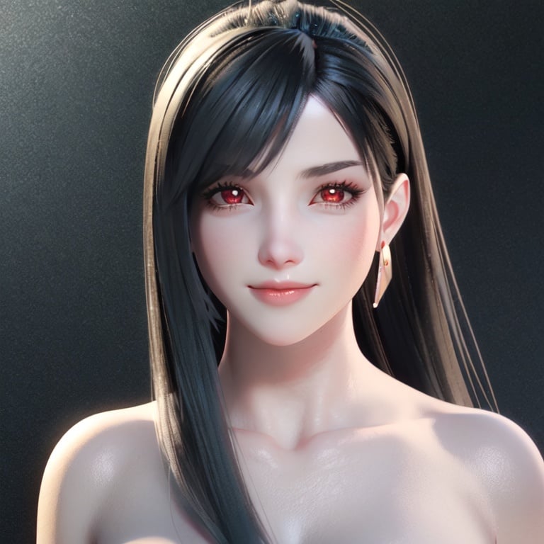 realistic,octane render,3D CG,(((black background))),1girl,white skin,tifa lockhart,solo,earrings,jewelry,long hair,black hair,breasts,looking at viewer,nude,cleavage,upper body,bangs,realistic,smile,red eyes,swept bangs,lips,fingernails,closed mouth,collarbone,