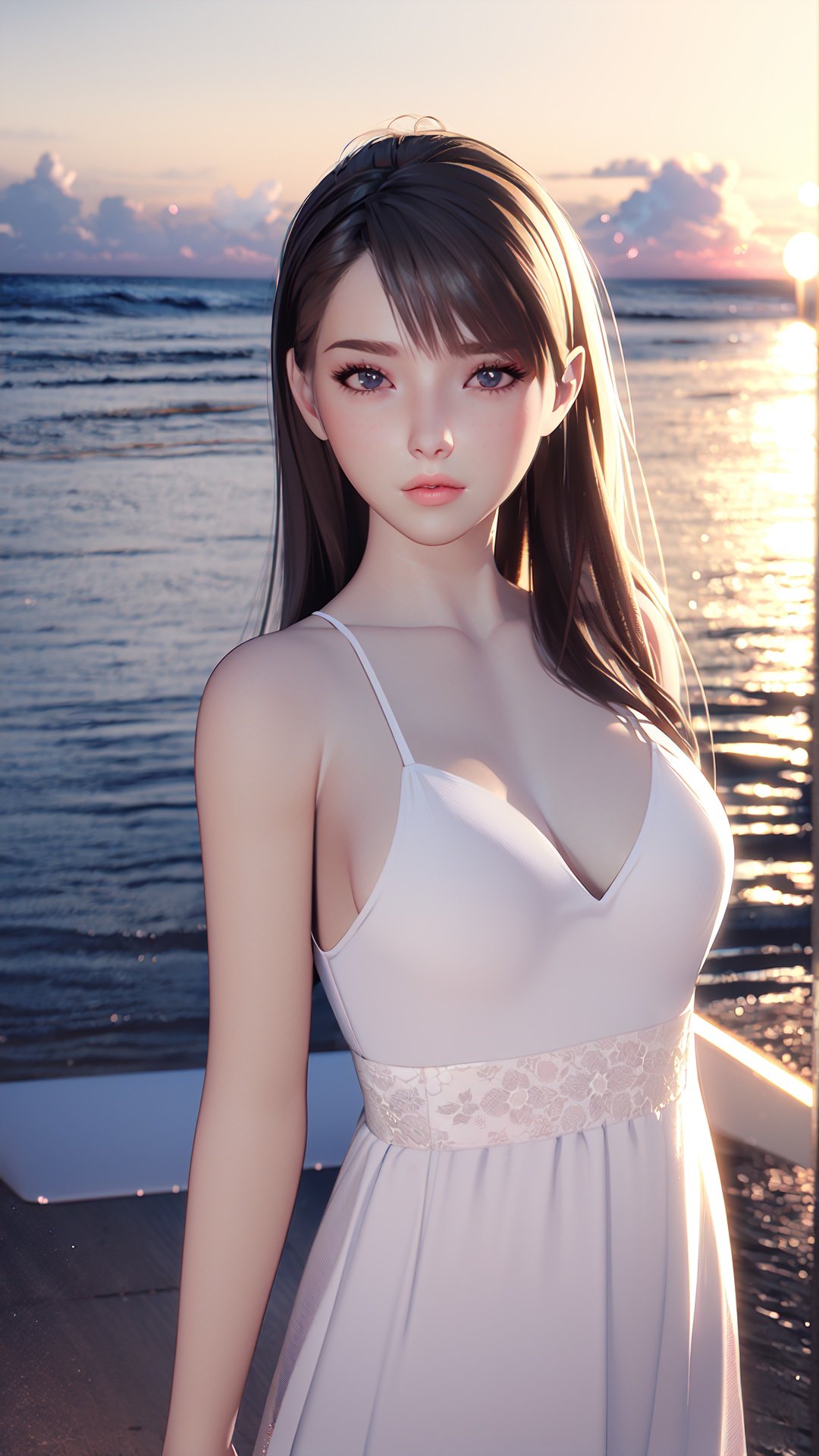 realistic, octane render, 3D CG, 1girl, solo, dress, long hair, white dress, brown hair, ocean, looking at viewer, outdoors, beach, bare shoulders, lips