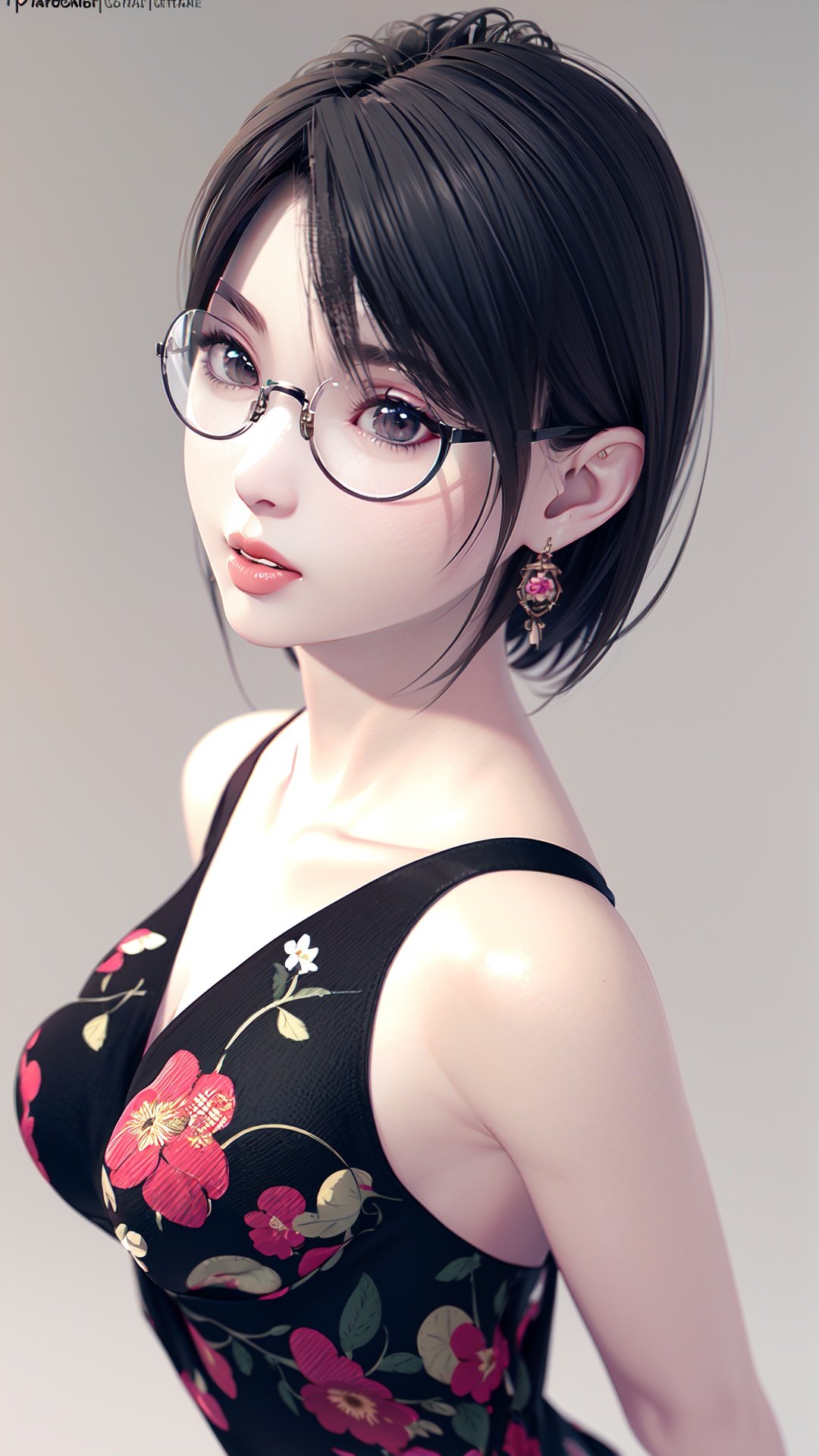  realistic, octane render, 3D CG,solo, 1girl, solo, dress, earrings, breasts, looking at viewer, jewelry, glasses, short hair, print dress, floral print, simple background, parted lips, bangs, nail polish, chinese clothes, grey background, lips