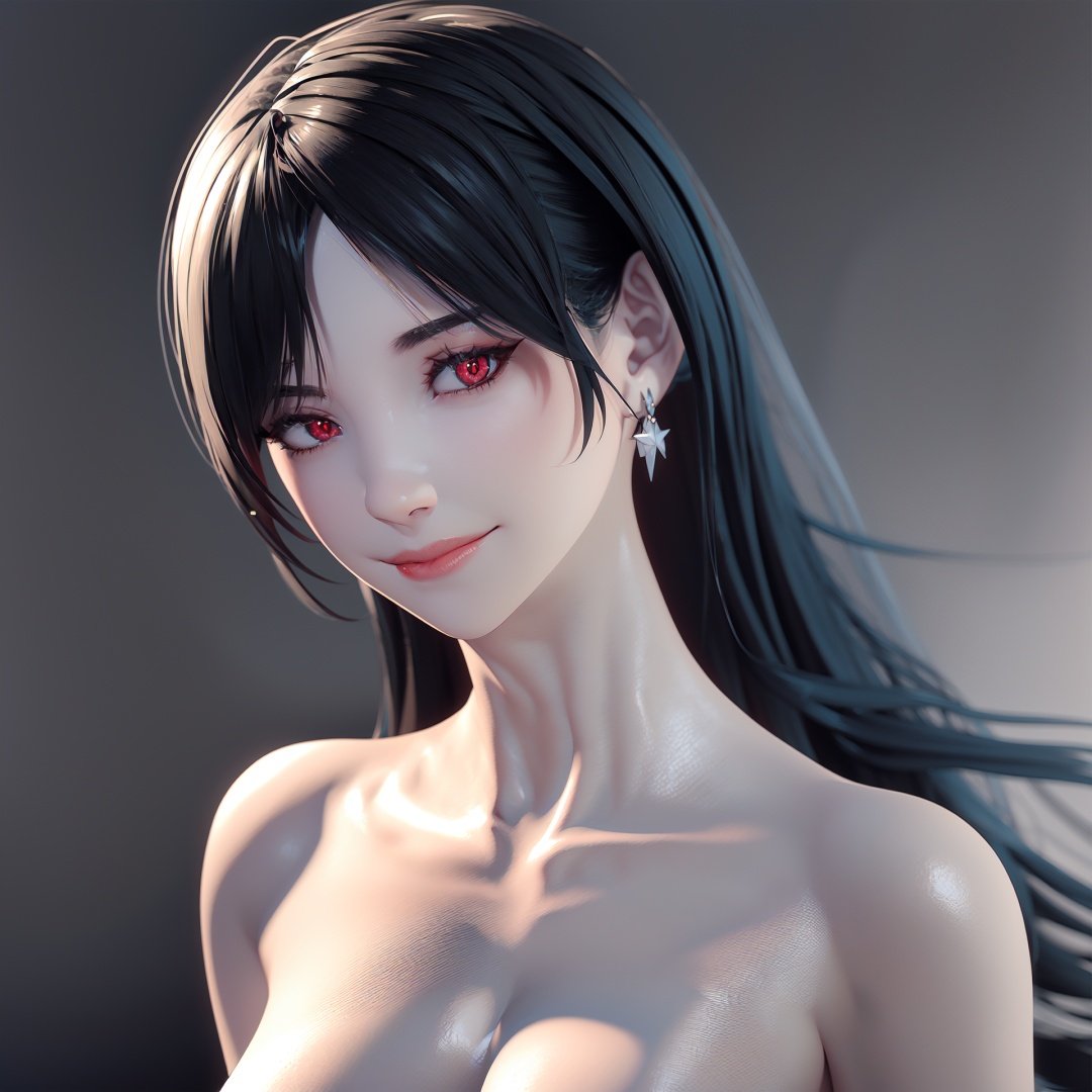  realistic,octane render,3D CG,(((black background))),1girl,white skin,tifa lockhart,solo,earrings,jewelry,long hair,black hair,breasts,looking at viewer,nude,cleavage,upper body,bangs,realistic,smile,red eyes,swept bangs,lips,fingernails,closed mouth,collarbone,