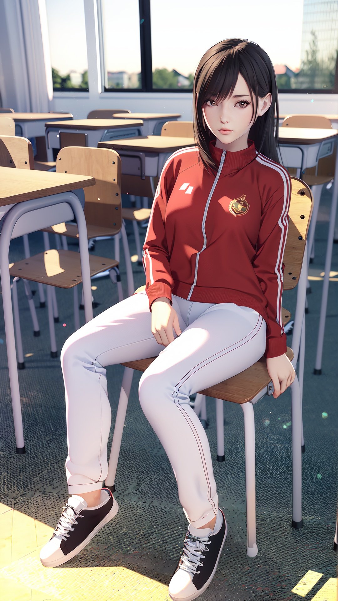 realistic, octane render, 3D CG,1girl, solo, chalkboard, desk, track suit, indoors, classroom, sitting, realistic, long hair, shoes, black hair, school desk, on desk, sneakers, brown eyes, pants, white footwear, looking at viewer