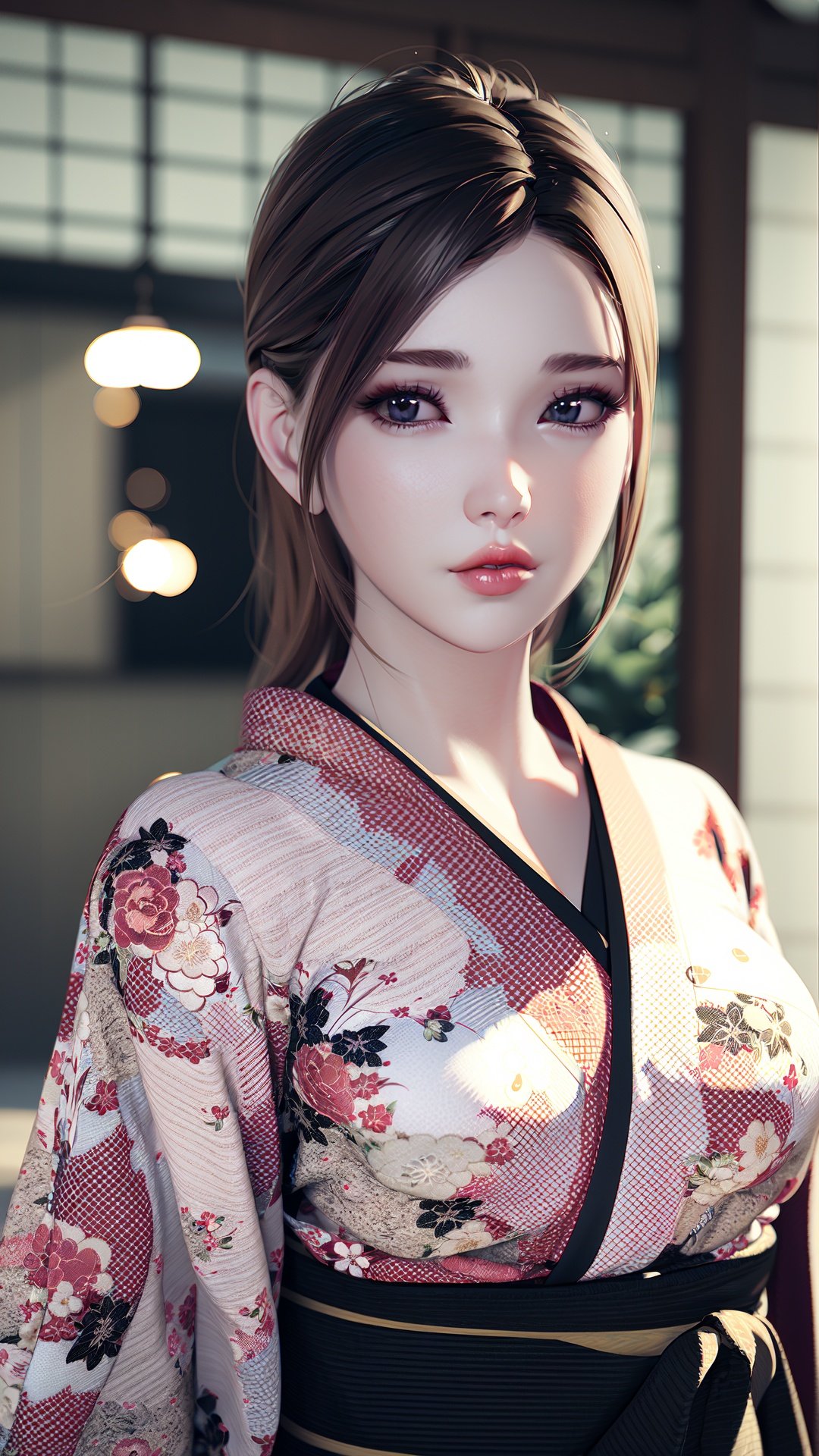 realistic, octane render, 3D CG, 1girl, japanese clothes, solo, kimono, brown hair, realistic, looking at viewer, floral print, lips, blurry