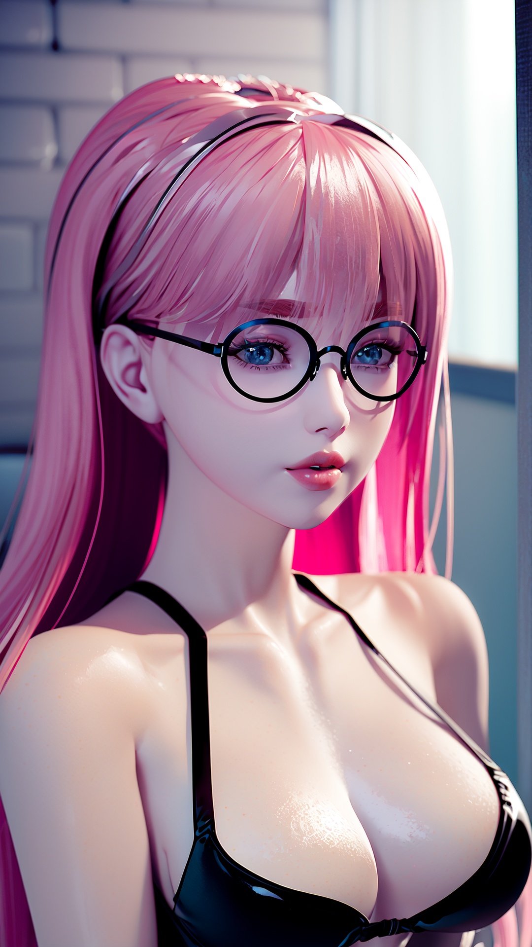 realistic, octane render, 3D CG, 1girl, solo, glasses, looking at viewer, long hair, pink hair, realistic, breasts, lips, bangs, upper body