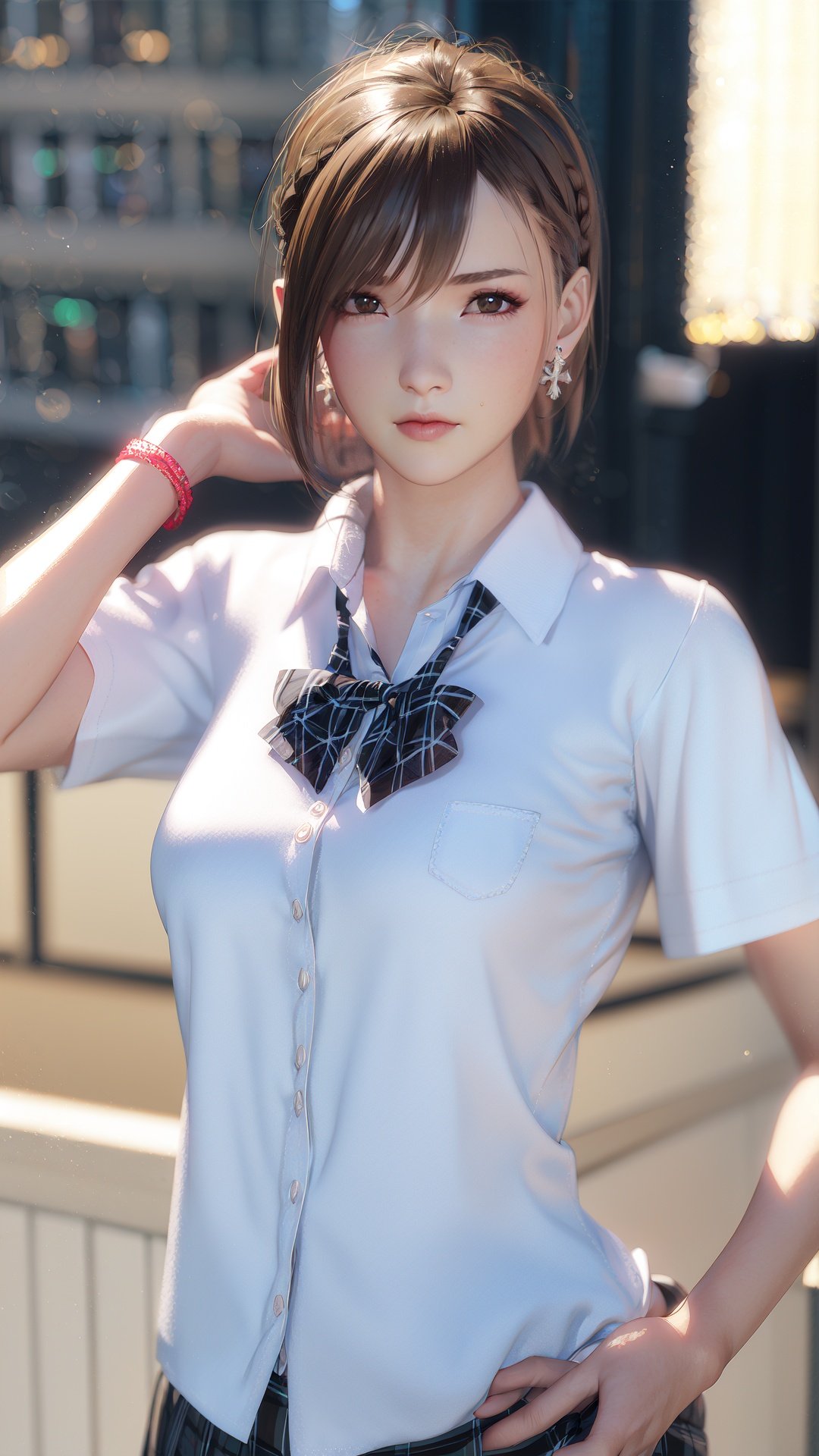 realistic, octane render, 3D CG,1girl, brown hair, solo, brown eyes, shirt, looking at viewer, bow, hand on hip, braid, short hair, white shirt, jewelry, blurry background, earrings, realistic, blurry, school uniform, short sleeves, bowtie