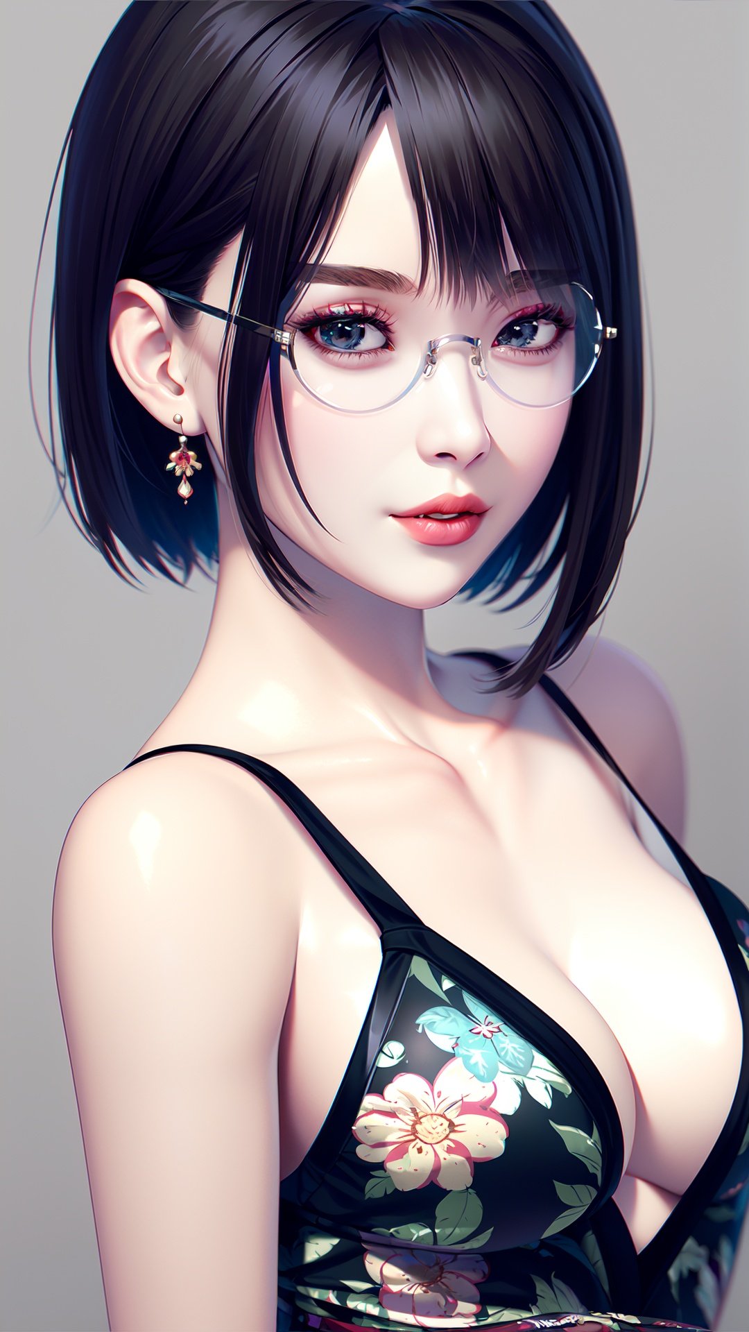 realistic, octane render, 1girl, solo, dress, earrings, breasts, looking at viewer, jewelry, glasses, short hair, print dress, floral print, simple background, parted lips, bangs, nail polish, chinese clothes, grey background, lips