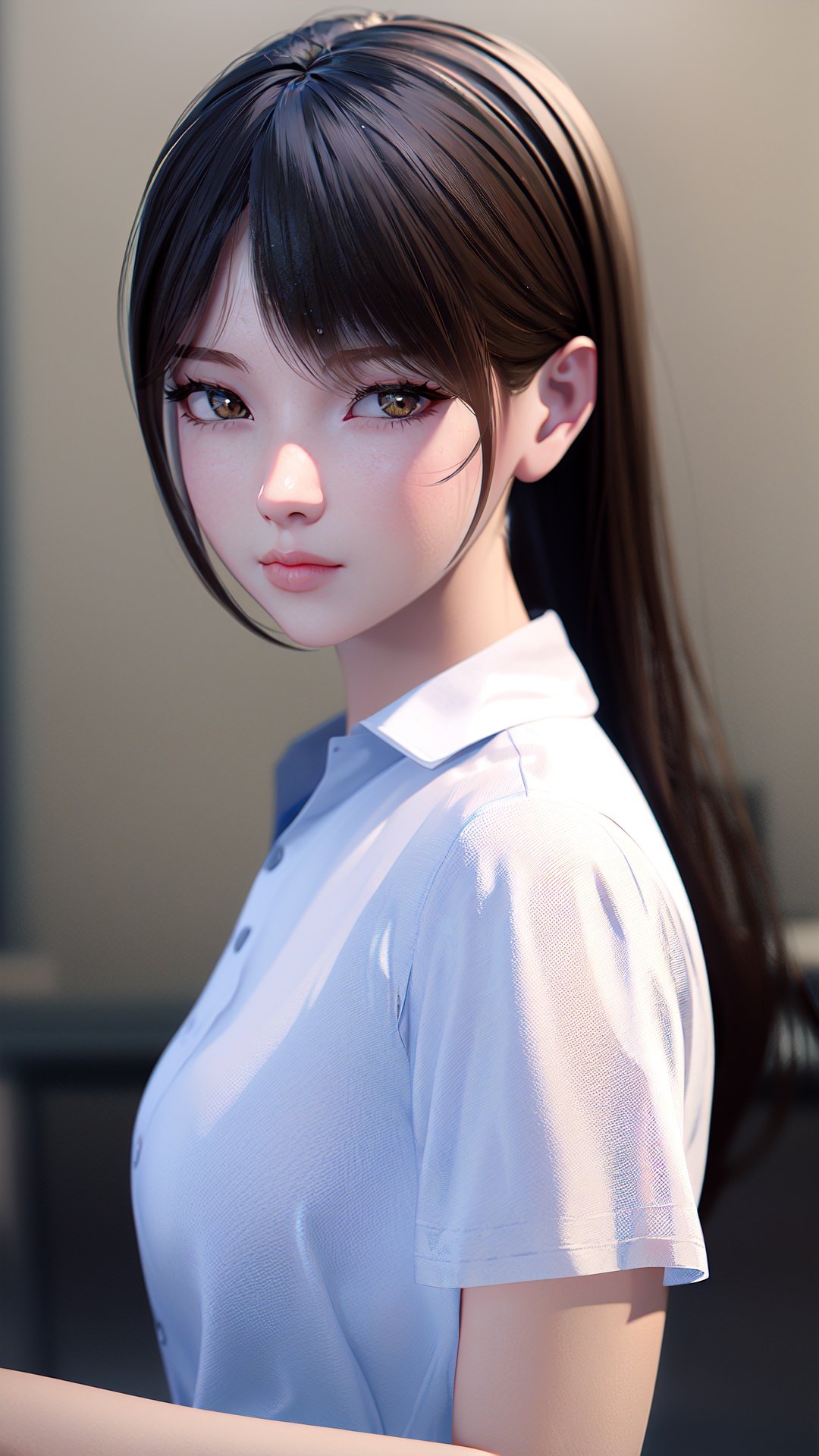 realistic, octane render, 3D CG, 1girl, solo, black hair, shirt, looking at viewer, black background, realistic, upper body, long hair, bangs, simple background, white shirt, brown eyes, short sleeves, collared shirt