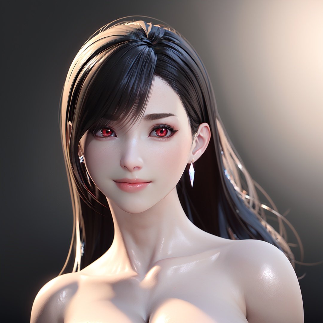  realistic,octane render,3D CG,(((black background))),1girl,white skin,tifa lockhart,solo,earrings,jewelry,long hair,black hair,breasts,looking at viewer,nude,cleavage,upper body,bangs,realistic,smile,red eyes,swept bangs,lips,fingernails,closed mouth,collarbone,