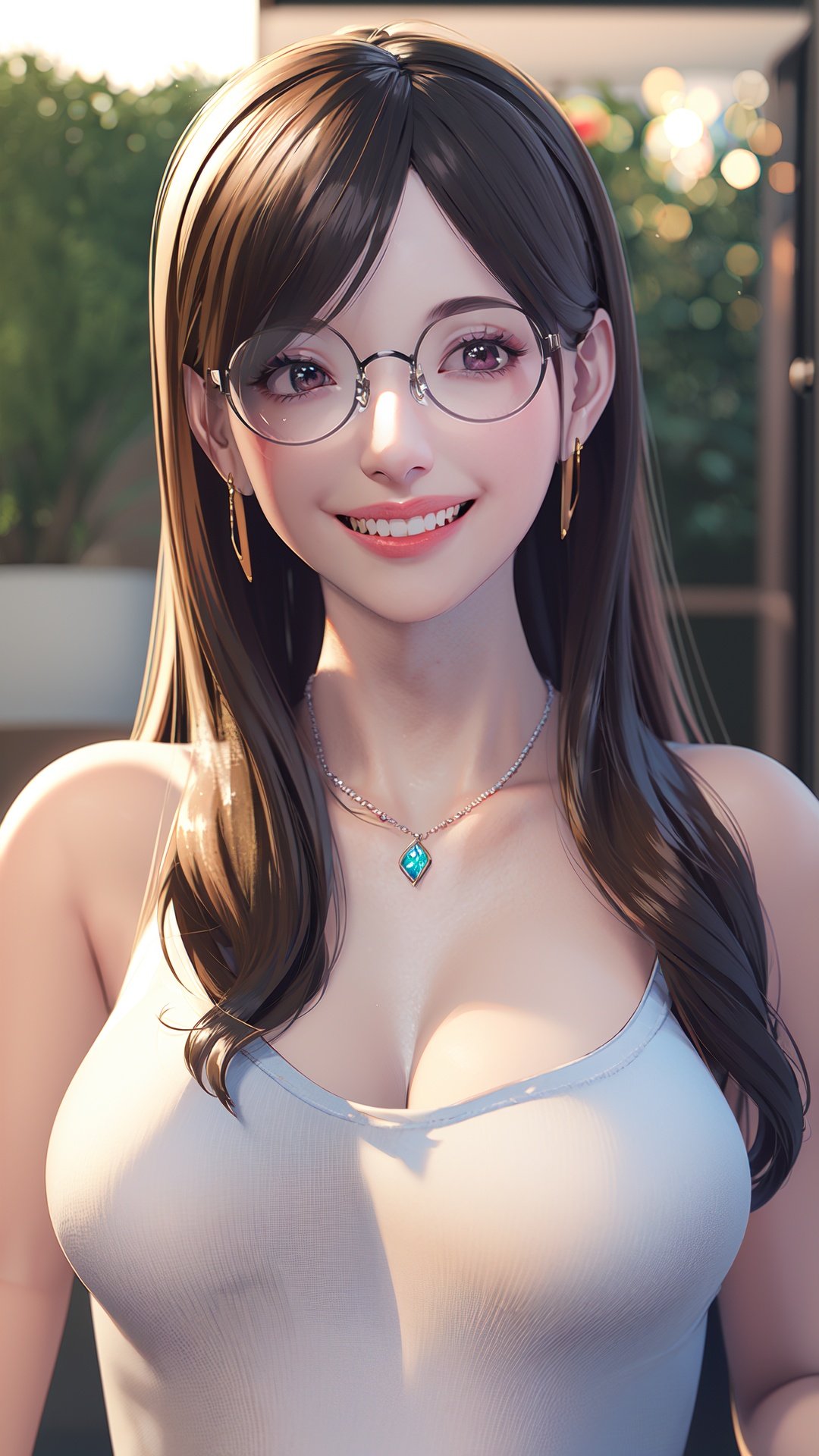 realistic, octane render, 3D CG, 1girl, solo, glasses, realistic, smile, long hair, looking at viewer, brown hair, blurry background, necklace, teeth, jewelry, blurry, grin, upper body, breasts