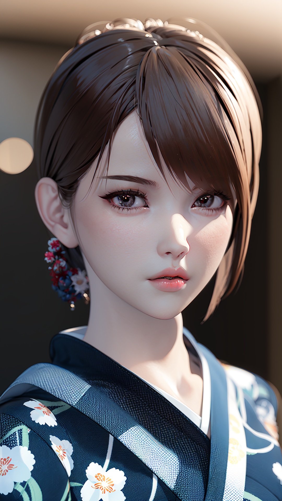 realistic, octane render, 3D CG, 1girl, japanese clothes, solo, kimono, brown hair, realistic, looking at viewer, floral print, lips, blurry