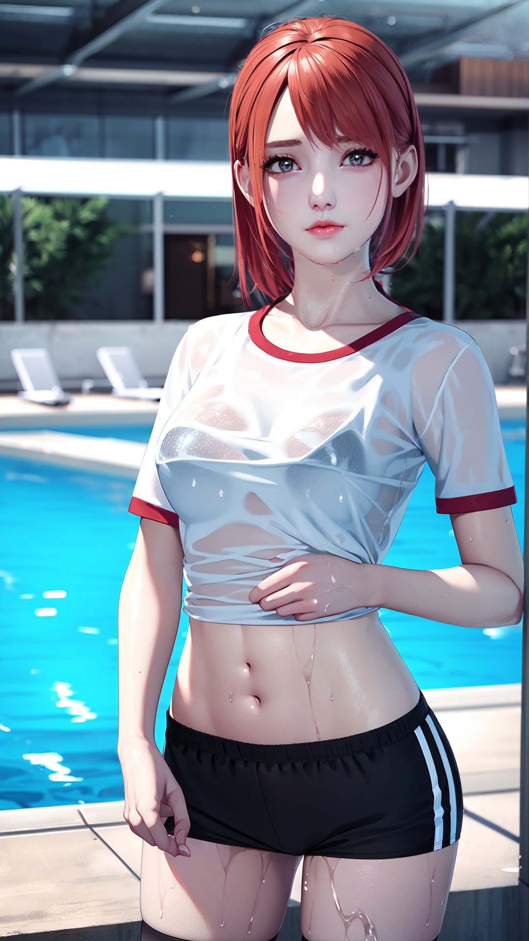 realistic, octane render, 3D CG, 1girl, solo, shirt, wet, navel, wet clothes, breasts, pool, looking at viewer, tied shirt, thighhighs, shorts, see-through, wet shirt, pool ladder, water, white shirt, midriff, artist name, red hair, short sleeves, standing, swimsuit, realistic, bikini, grey eyes, black shorts, short shorts, gym uniform