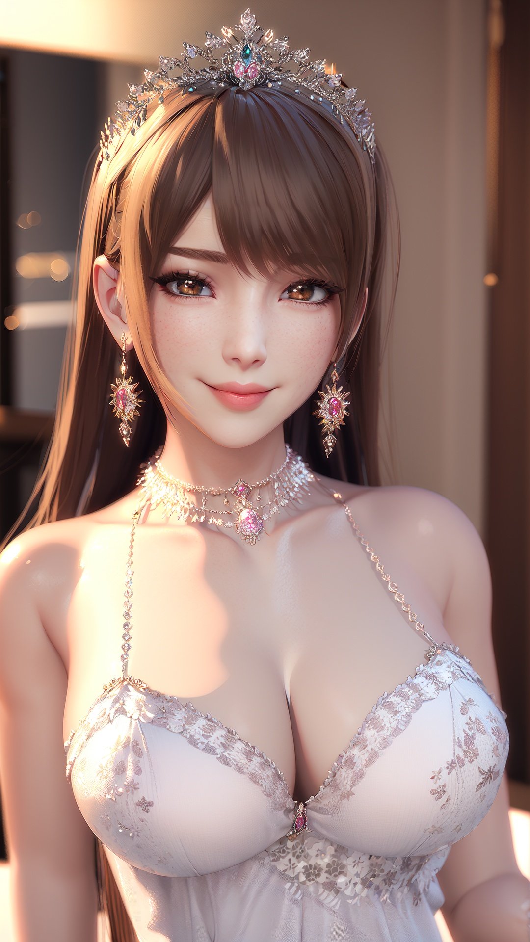  realistic,octane render,3D CG,1girl, solo, jewelry, necklace, breasts, dress, brown hair, looking at viewer, earrings, cleavage, tiara, smile, bare shoulders, long hair, veil, brown eyes, blurry, realistic, blurry background, upper body, large breasts, wedding dress, pearl necklace, bangs