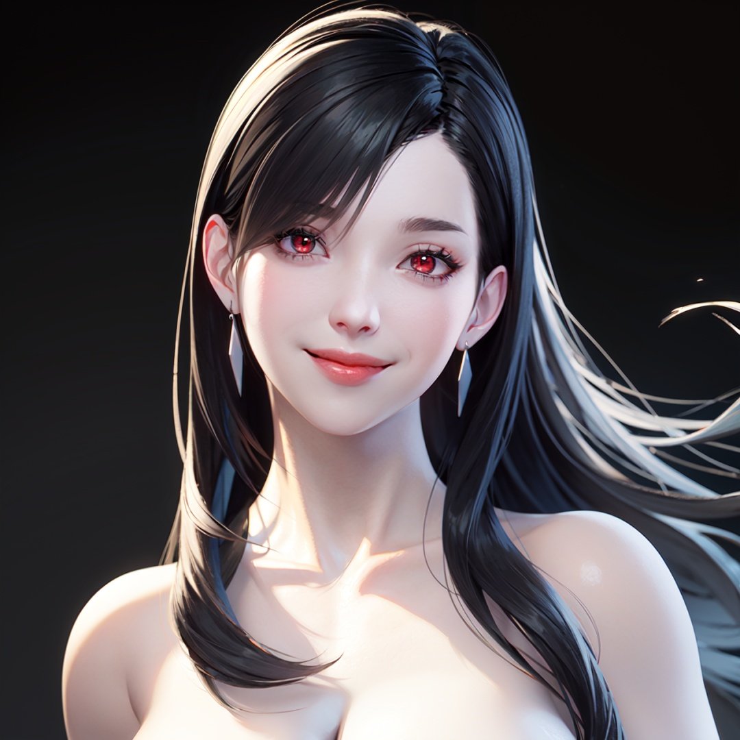  realistic,octane render,(((black background))), 1girl,white skin, tifa lockhart, solo, earrings, jewelry, long hair, black hair, breasts, looking at viewer, nude, cleavage, upper body, bangs, realistic, smile, red eyes, swept bangs, lips, fingernails, closed mouth, collarbone,