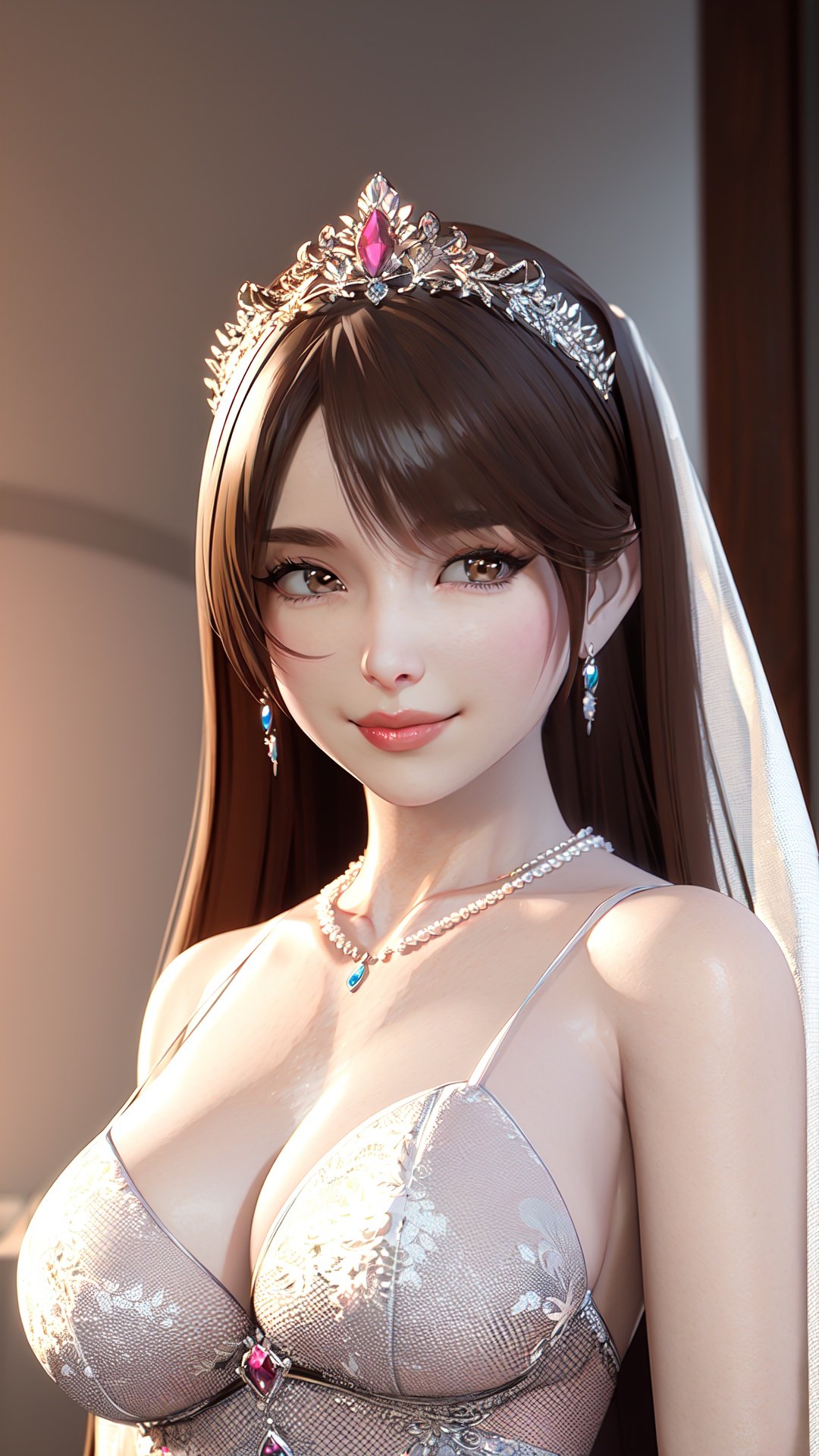  realistic,octane render,3D CG,1girl, solo, jewelry, necklace, breasts, dress, brown hair, looking at viewer, earrings, cleavage, tiara, smile, bare shoulders, long hair, veil, brown eyes, blurry, realistic, blurry background, upper body, large breasts, wedding dress, pearl necklace, bangs