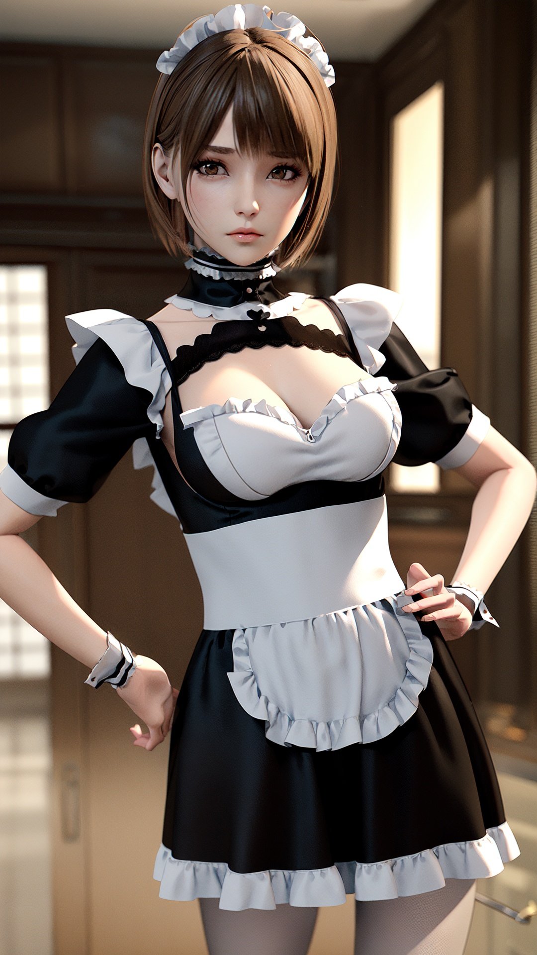 realistic, octane render, 3D CG,1girl, solo, maid, breasts, short hair, apron, looking at viewer, brown hair, hand on hip, brown eyes, wrist cuffs, dress, cleavage cutout, bangs, medium breasts, short sleeves, standing, cleavage, frills, pantyhose