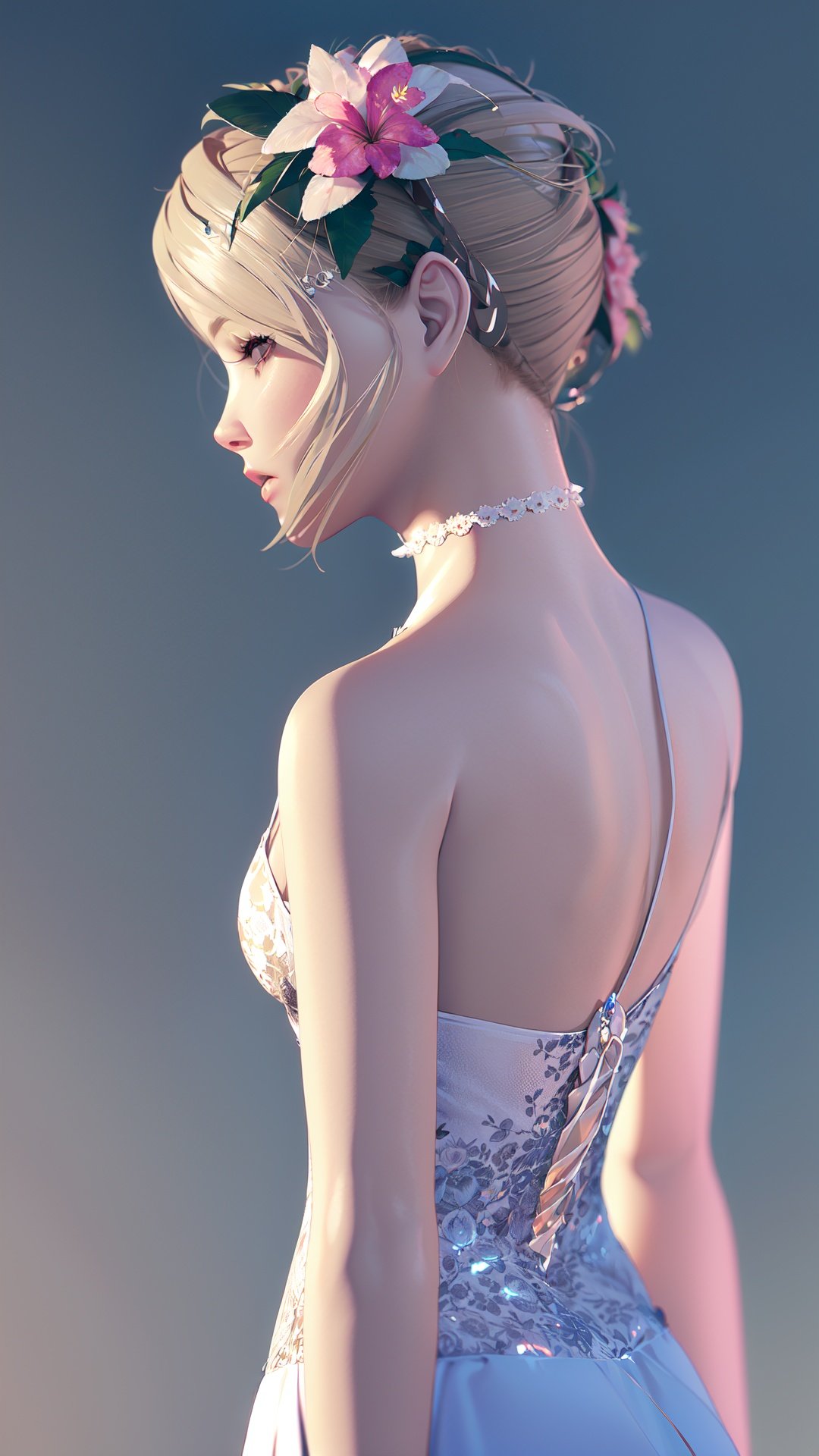  realistic, octane render, 3D CG,solo, 1girl, solo, back, hair ornament, blonde hair, realistic, dress, flower, hair flower, from behind, white dress