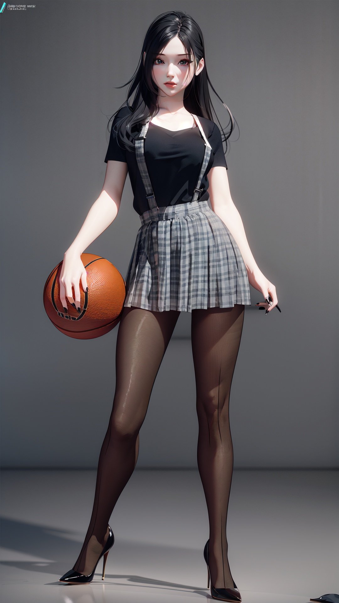  realistic, octane render, 3D CG, 1girl, solo, suspenders, pantyhose, skirt, high heels, full body, long hair, shirt, looking at viewer, basketball, black shirt, standing, black footwear, black nails, suspender skirt, grey skirt, plaid skirt, holding