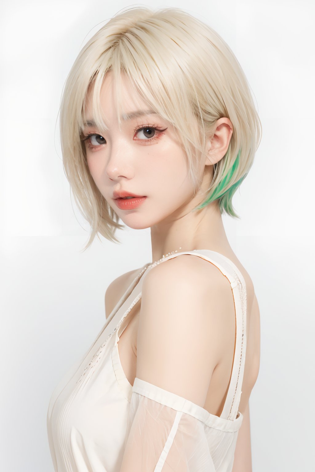  blunt bangs, masterpiece, best quality, best illustration, ultra-detailed, upper body, solo, 1 girl, looking at viewer, upright, arms at sides, beautiful detailed eyes, concept art, white background, simple background, white hair, green gradient hair, expressionless, blush, virtual youtuber, short hair,blonde hair