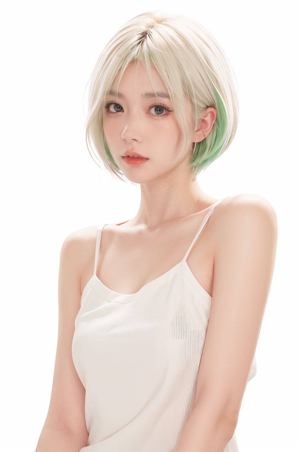  blunt bangs, masterpiece, best quality, best illustration, ultra-detailed, upper body, solo, 1 girl, looking at viewer, upright, arms at sides, beautiful detailed eyes, concept art, white background, simple background, white hair, green gradient hair, expressionless, blush, virtual youtuber, short hair,blonde hair, monkren