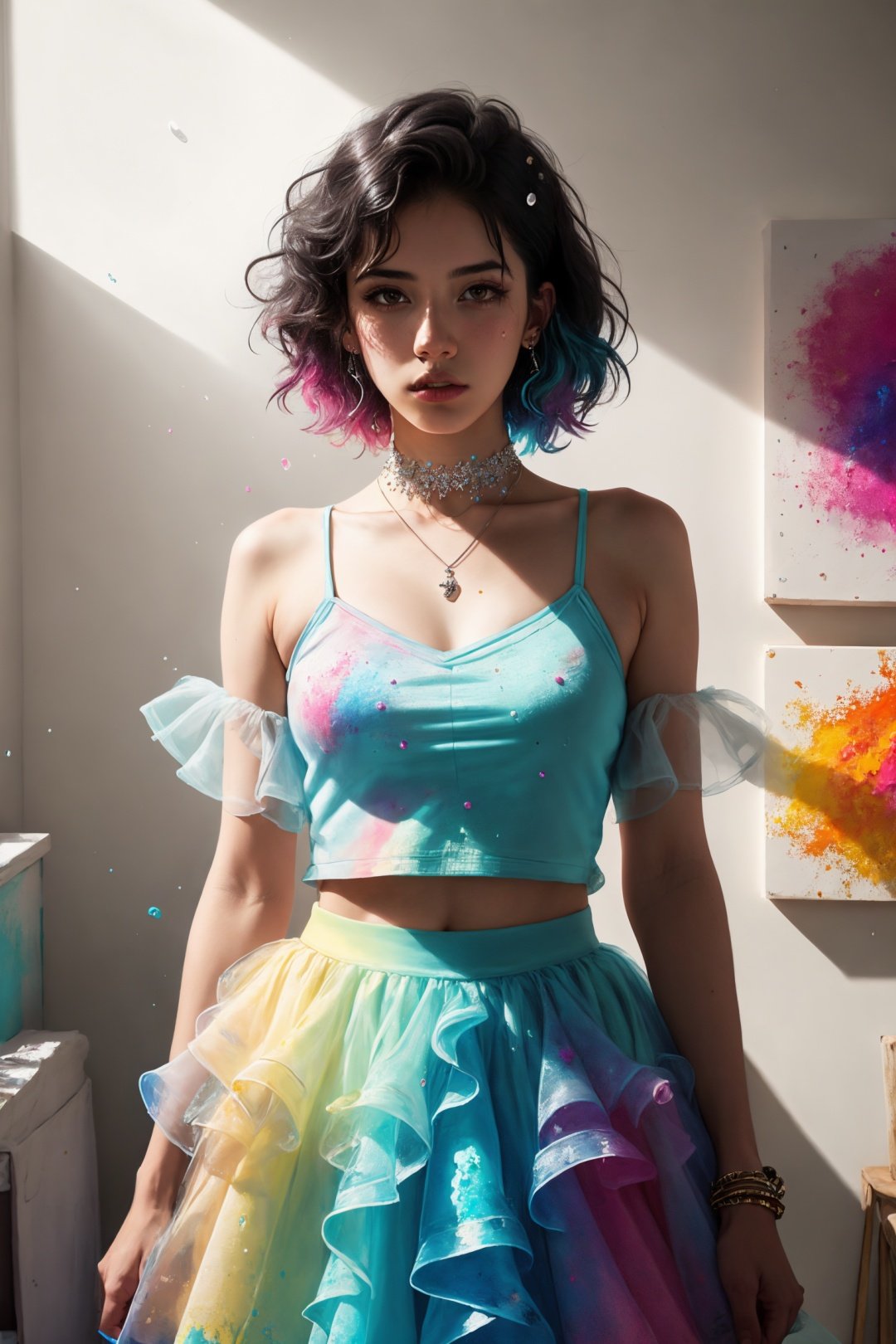  1girl, isometric, shukezouma, octane render, hdr, (hyperdetailed:1.15), (soft light, sharp:1.2), aesthetic, (Argentinian |Cuban |Colombian |Mexican) 20 years old woman, (detailed facial features), gorgeous face, grunge style, standing in her messy bedroom, pale skin, wearing eyeliner, grainy, pastel goth, scene hair, (emo girl), teased hair, wearing bracelets, wearing choker necklace, ((detailed face)), selfie, rainbow painting drops, paint teardrops, girl made up from paint, entirely paint, splat, splash, paint bulb, paint drops, broad light, backlighting, bloom, light sparkles, chromatic aberration, (bubblegum Vaporwave aesthetic),Rashmikasdxl, flowing skirts,（smoke）,Giant flowers,