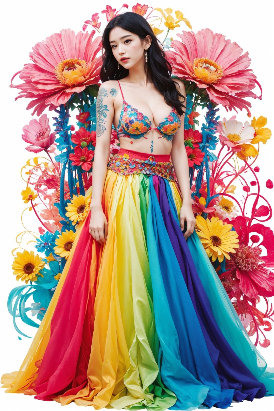  offcial art, colorful, Colorful background, splash of color
A beautiful woman with delicate facial features, big breasts, full body portrait, tattoo all over body, flower arms, Surrounded by strange Animal stitched puppets, movie perspective, advertising style, magazine cover
,girl, flowing skirts,（smoke）,Giant flowers,