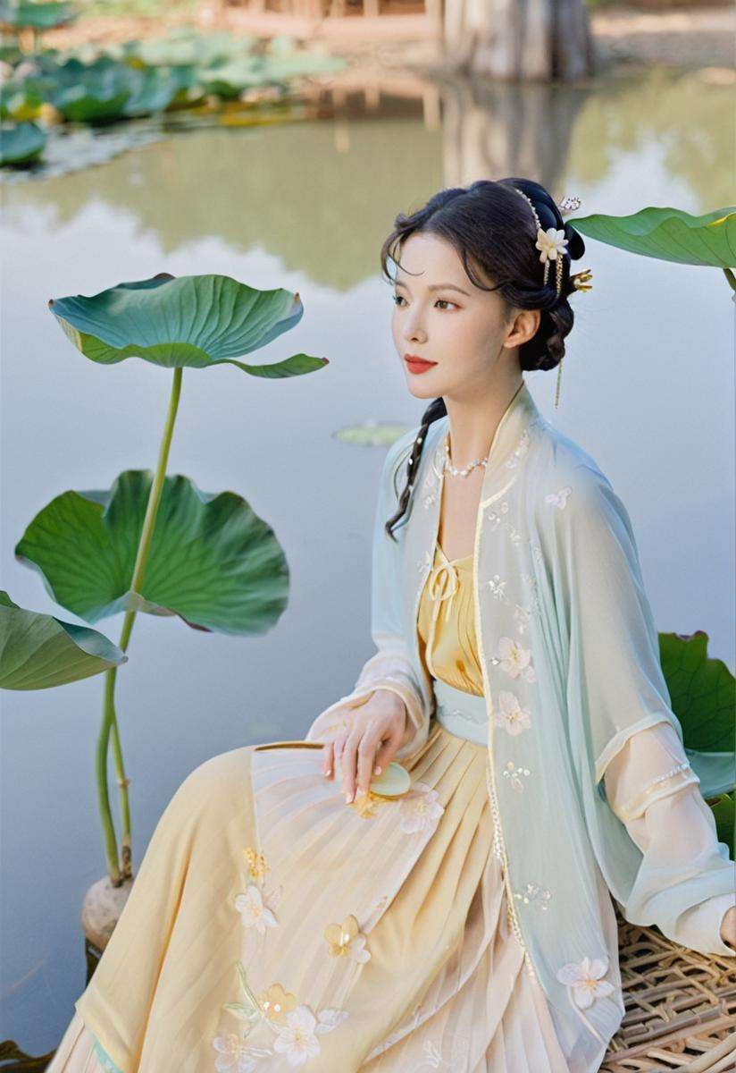 a woman in hanfu with intricate hair accessories, sitting near a pond with large lotus leaves, wearing a translucent dress with floral patterns, in an ethereal outdoor setting, (hanfu, song style outfits, blue short shan, yellow pleated skirt),<lora:hanfuSong_v40_M_SDXL:0.65>