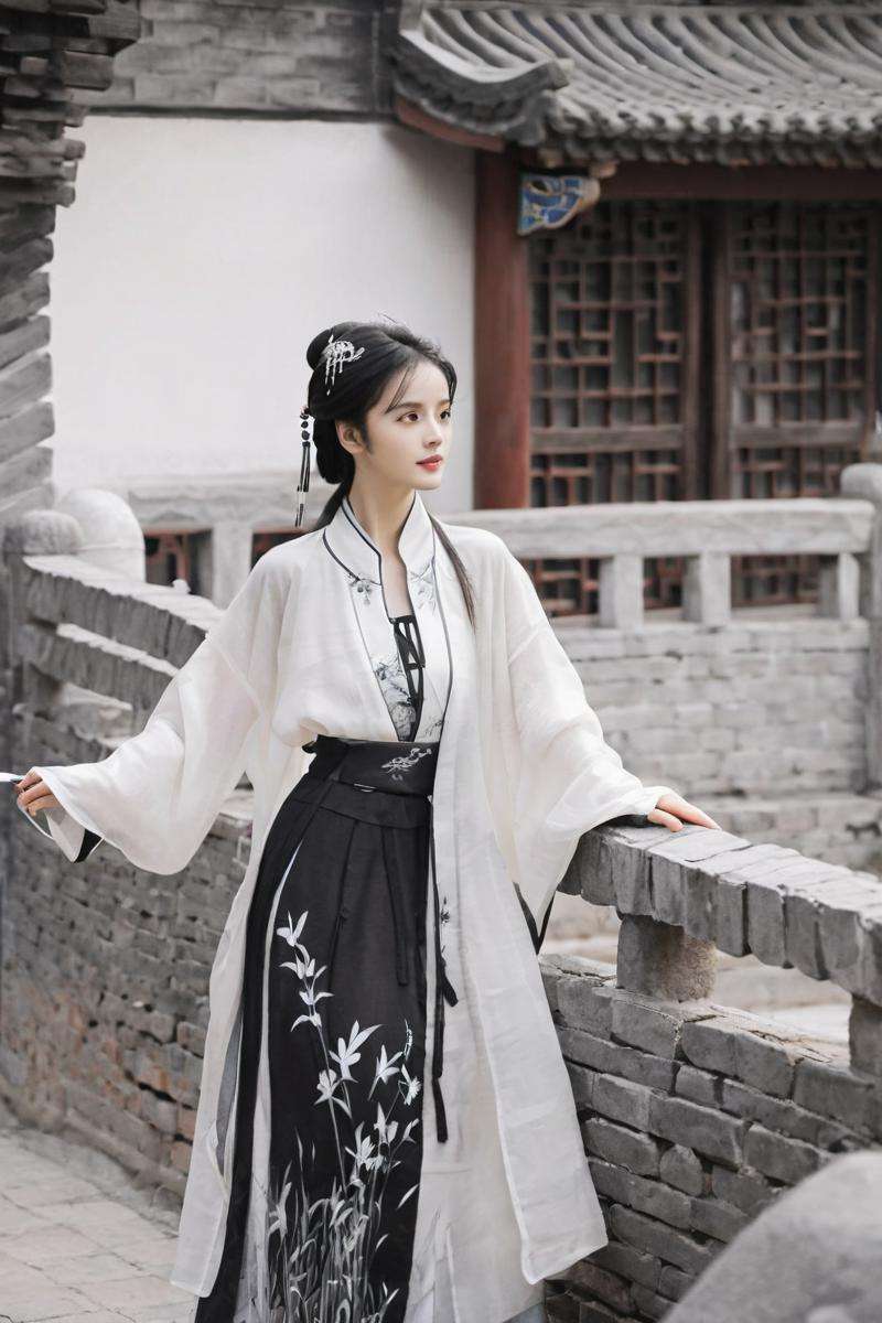 traditional chinese ink painting, black and white in kpainting, white ink painting, path, Ancient Chinese Mansions, fences, 1girl wearing hanfu,<lora:hanfuSong_v40_M_SDXL:0.5>