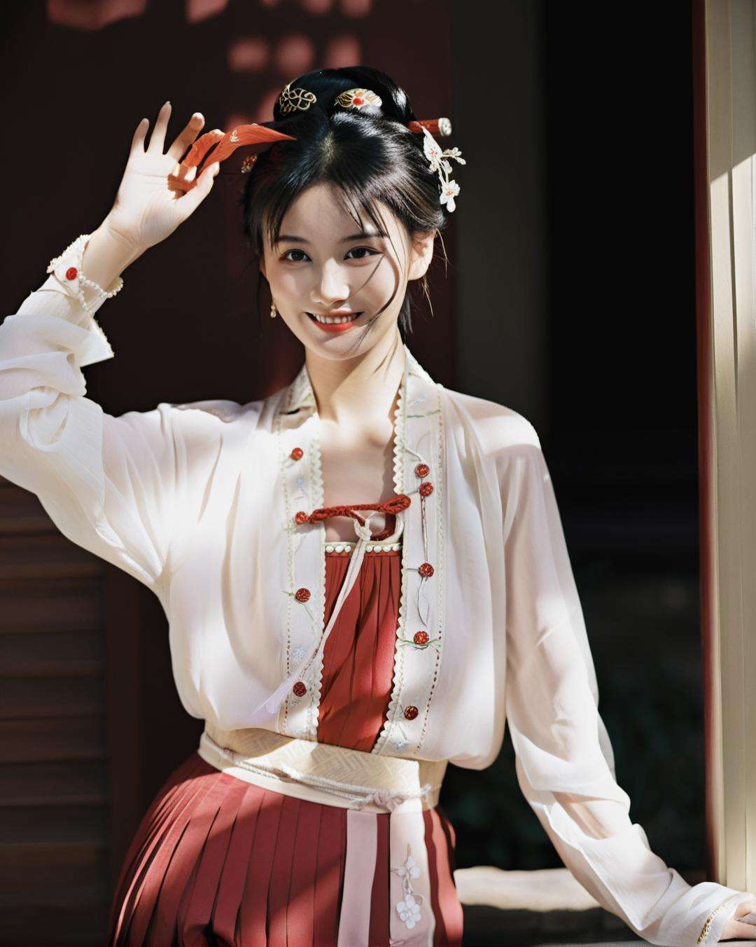 A cinematic upper body photograph of a female , she wearing hanfu of white short shan and red pleated skirt, shadows, black hair, dynamic scene, epic pose, highly detailed face, seductive smile, black eyes, wand, cinematic, fujifilm, intricate, detailed, raw photograph, <lora:hanfuSong_v40_M_SDXL:0.6>