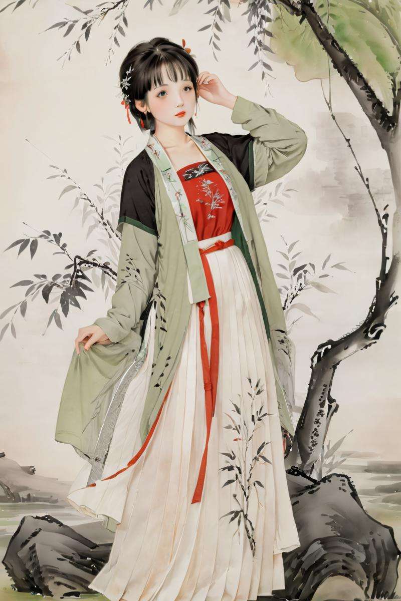 traditional chinese ink painting,willow branches,willow tree in background,black and white ink painting, 1girl,  (hanfu, song style outfits, green short shan, white pleated skirt, red songmo),<lora:hanfuSong_v40_M_SDXL:0.6>