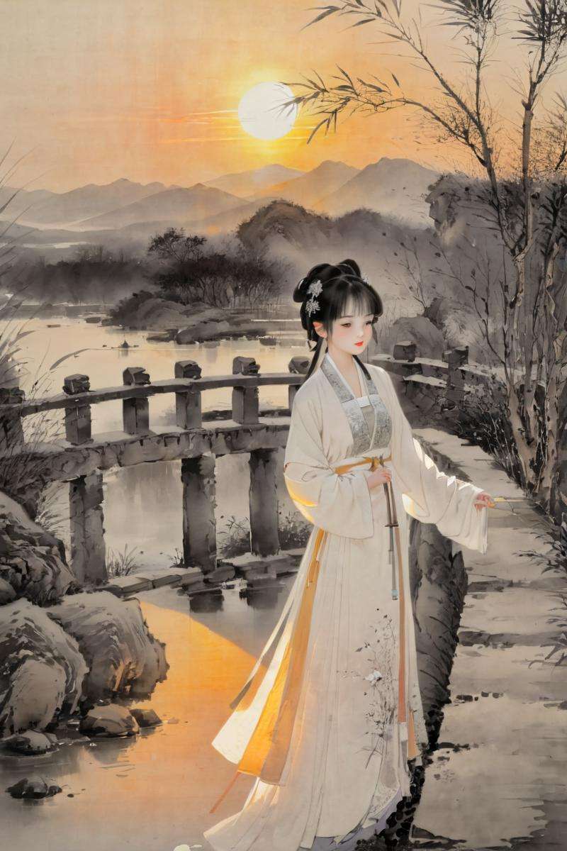 traditional chinese ink painting, black and white in kpainting, white ink painting, path, fences, backlighting, sunset, 1girl wearing hanfu,<lora:hanfuSong_v40_M_SDXL:0.5>