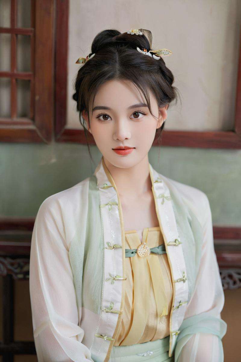 Realistic,Chinese young woman portrait,upper body,elegant bun with hair ornament,looking at viewer,indoors,cold jade eyes,serene elegance,ancient beauty,(hanfu, song style outfits, yellow short shan, white pleated skirt),<lora:song_v46_sdxl:0.6>