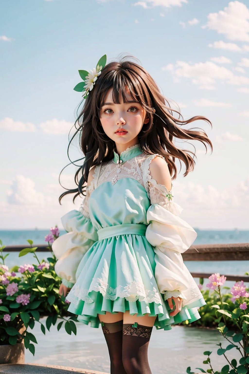 masterpiece,best quality, 1girl, chibi, solo, looking at viewer, blush, bangs, brown hair, hair ornament, thighhighs, long sleeves, dress, green eyes, standing, full body, flower, detached sleeves, hair flower, wide sleeves, white thighhighs, petals, green dress, outdoors, sea,sunset,sky