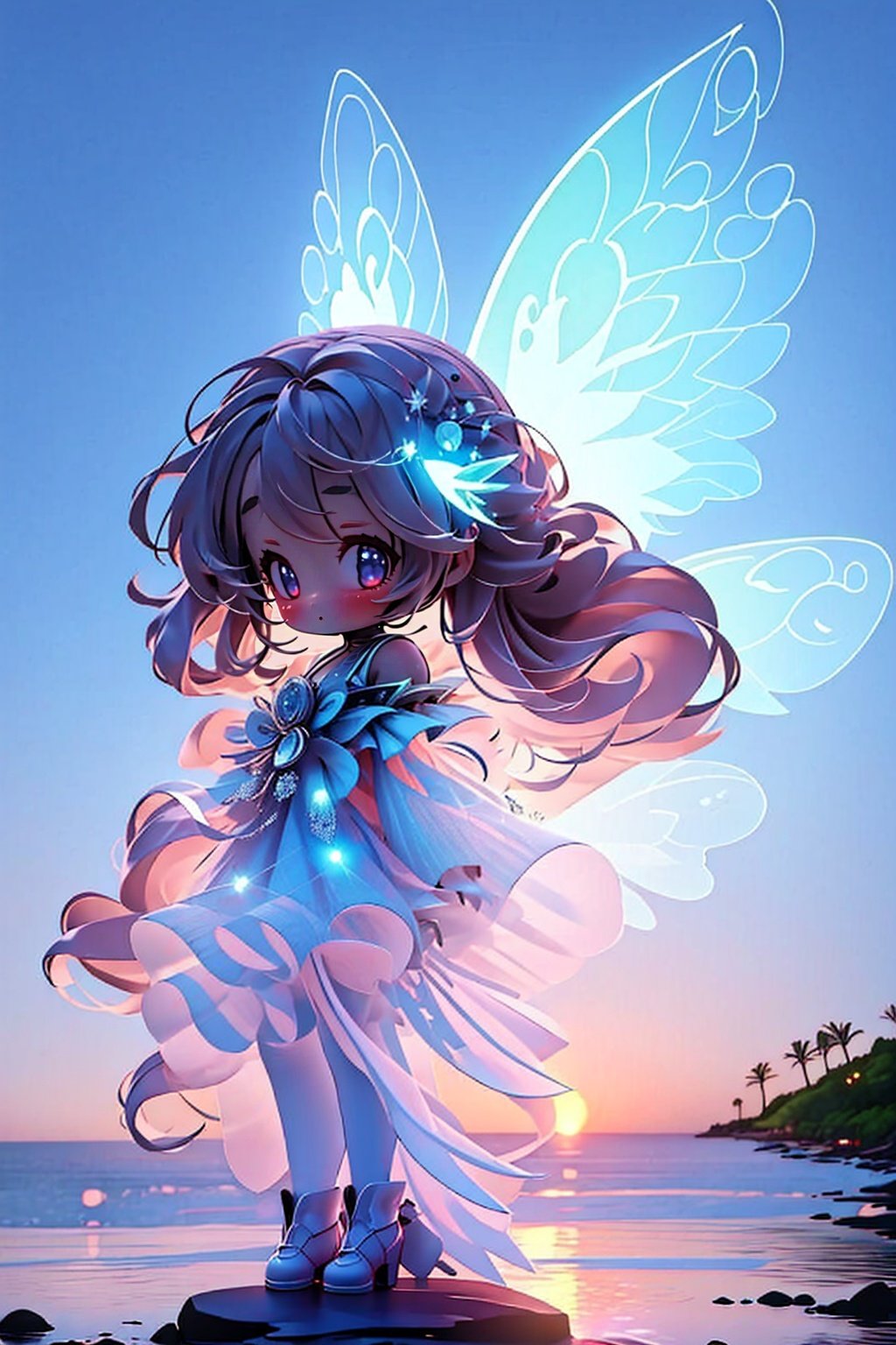 masterpiece,best quality, 1girl, chibi, long hair, glowing,looking at viewer, transparent glowing fairy wings on her back, outdoors, sea,sunset,sky