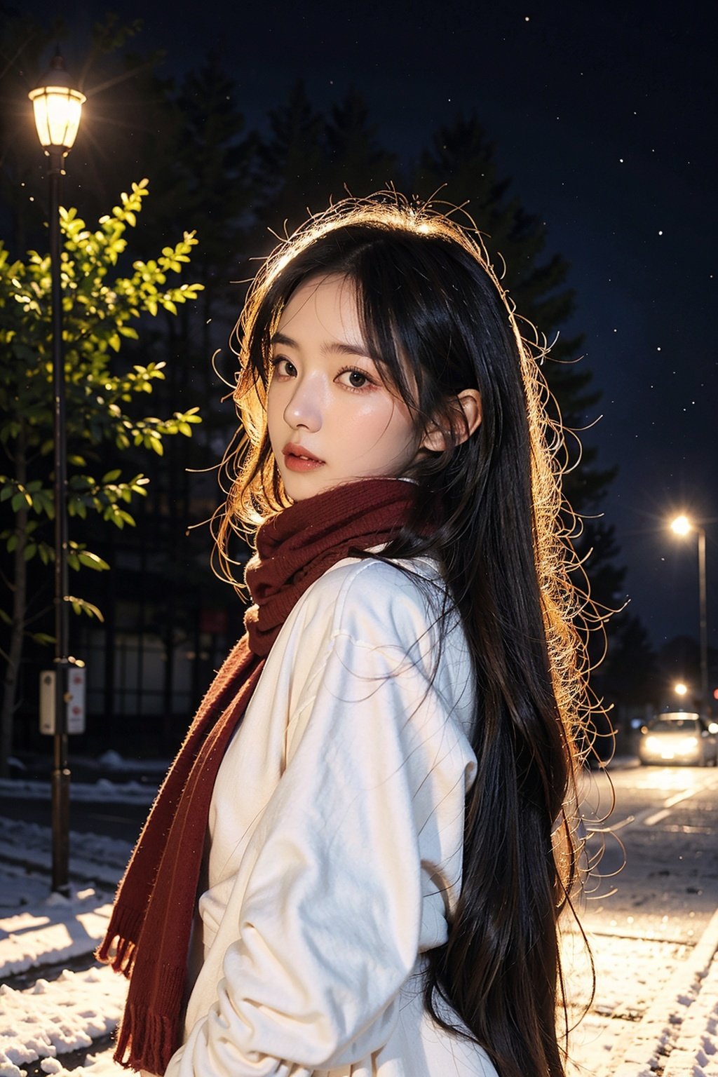  a girl,red wavy long curly hair, beautiful and detailed eyes, scarf, sweater, winter, snowing, standing under the street lamp, upper body, night, night, backlighting,kamisama,