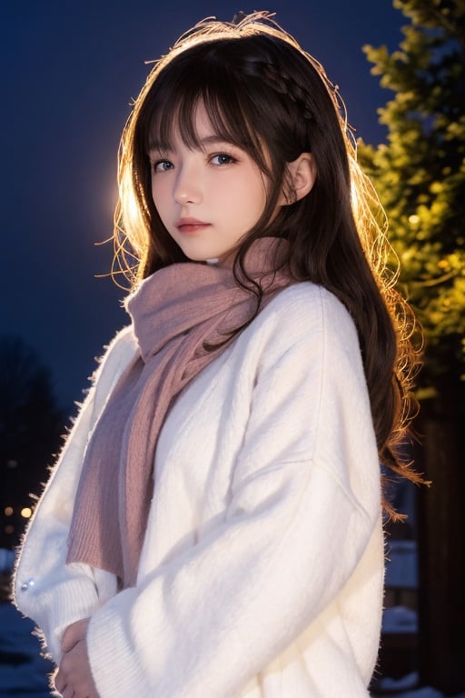 a girl,red wavy long curly hair, beautiful and detailed eyes, scarf, sweater, winter, snowing, standing under the street lamp, upper body, night, night, backlighting,kamisama,