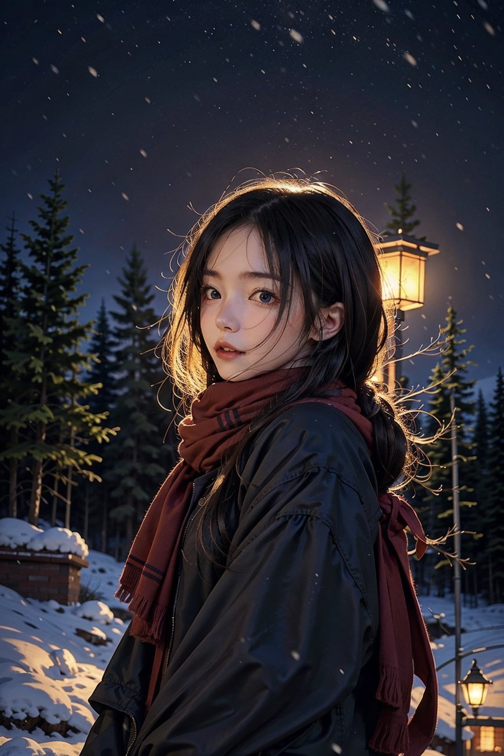  a girl, brown wavy long curly hair, beautiful and detailed eyes, scarf, sweater, winter, snowing, standing under the street lamp, upper body, night, night, backlighting,kamisama,,