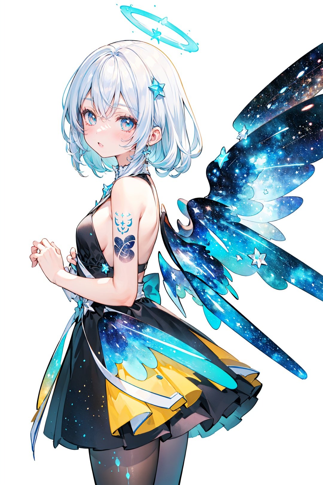  ((solo)),((cowboy shot)),(((a beautiful girl))),((small_breasts)),((looking at viewer)),(galaxy adorns colorful wings),(((starry_wings,galaxy_wings):1.5)),(Glowing line tattoos),(galaxy adorns colorful dress),(Glowing halo),(beautiful eyes),white hair,((white background:1.7)),((standding)), cutegui, 1girl,pantyhose,high_heels,LF