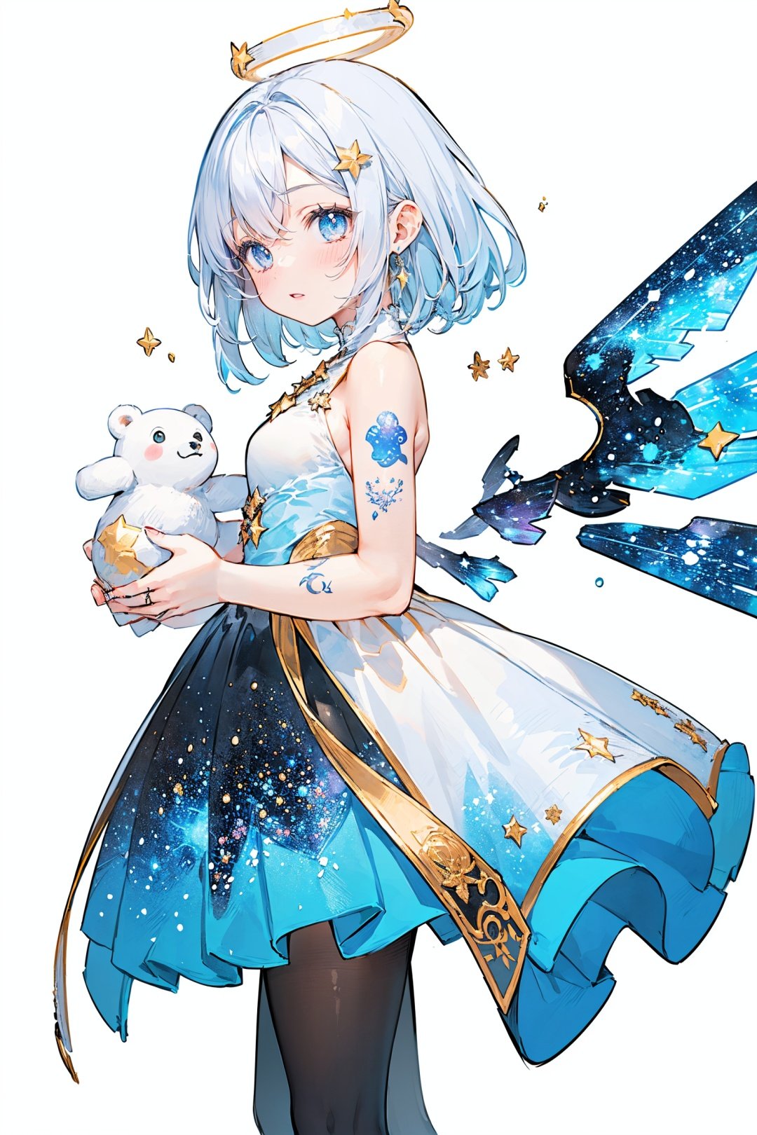  ((solo)),((cowboy shot)),(((a beautiful girl))),((small_breasts)),((looking at viewer)),(galaxy adorns colorful wings),(((starry_wings,galaxy_wings):1.5)),(Glowing line tattoos),(galaxy adorns colorful dress),(Glowing halo),(beautiful eyes),white hair,((white background:1.7)),((standding)), cutegui, 1girl,pantyhose,high_heels,LF,polar bear