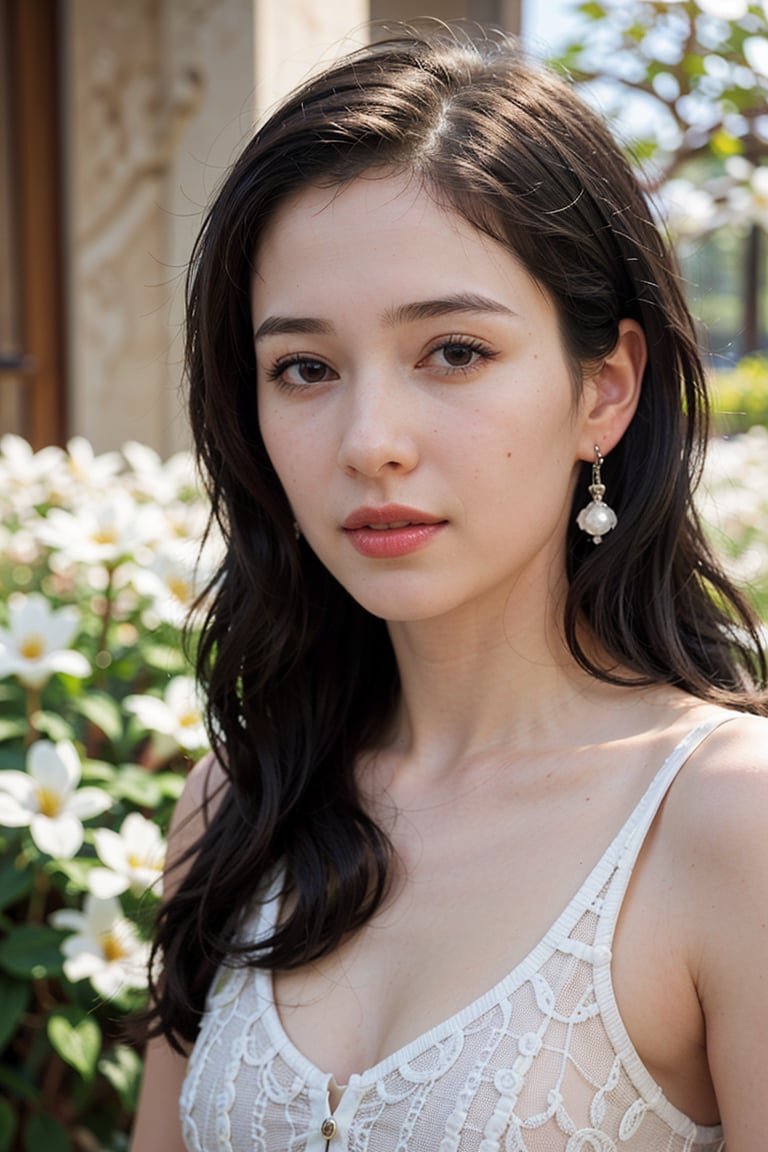 (best quality:1.2,ultra-detailed,realistic:1.37),portraits,traditional costume,delicate facial features,detailed eyes,rosy cheeks,long-flowing black hair,golden earrings,graceful posture,colorful backdrop,fragrant blooming flowers,soft lighting,subtle shadows,vibrant color palette,ethereal and dreamy atmosphere.