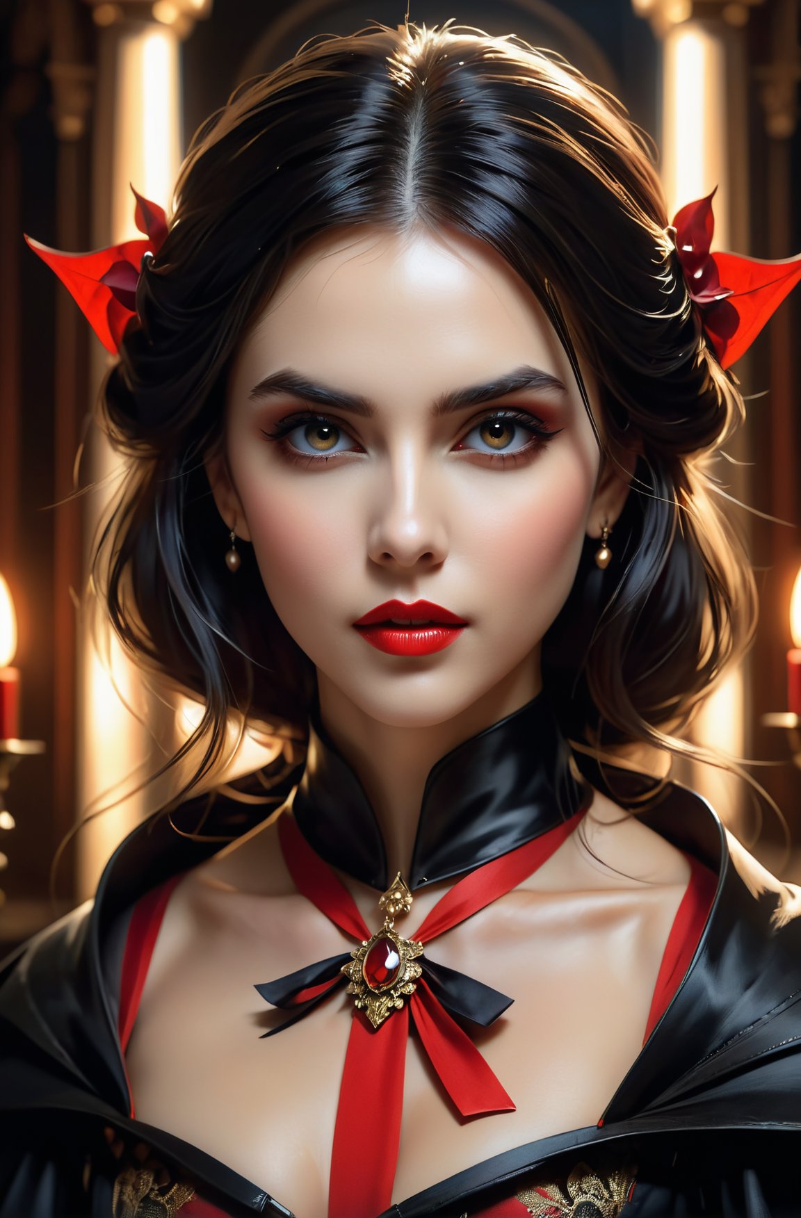 highly detailed photo of (a female vampire with a cute cute face and very symmetrical face:1.1), symmetrical eyes, detailed eyes, dramatic lighting, cinematic smooth, sharp focus, masterpiece by anders zorn, wonderful art by greg rutkowski and craig mullins, oil on canvas 8 k, lighting dynamic portrait, rpg cosplay, render, octane hyperrealistic, daz, 5, unreal art, digital artgerm, and mendoza eddie and rut