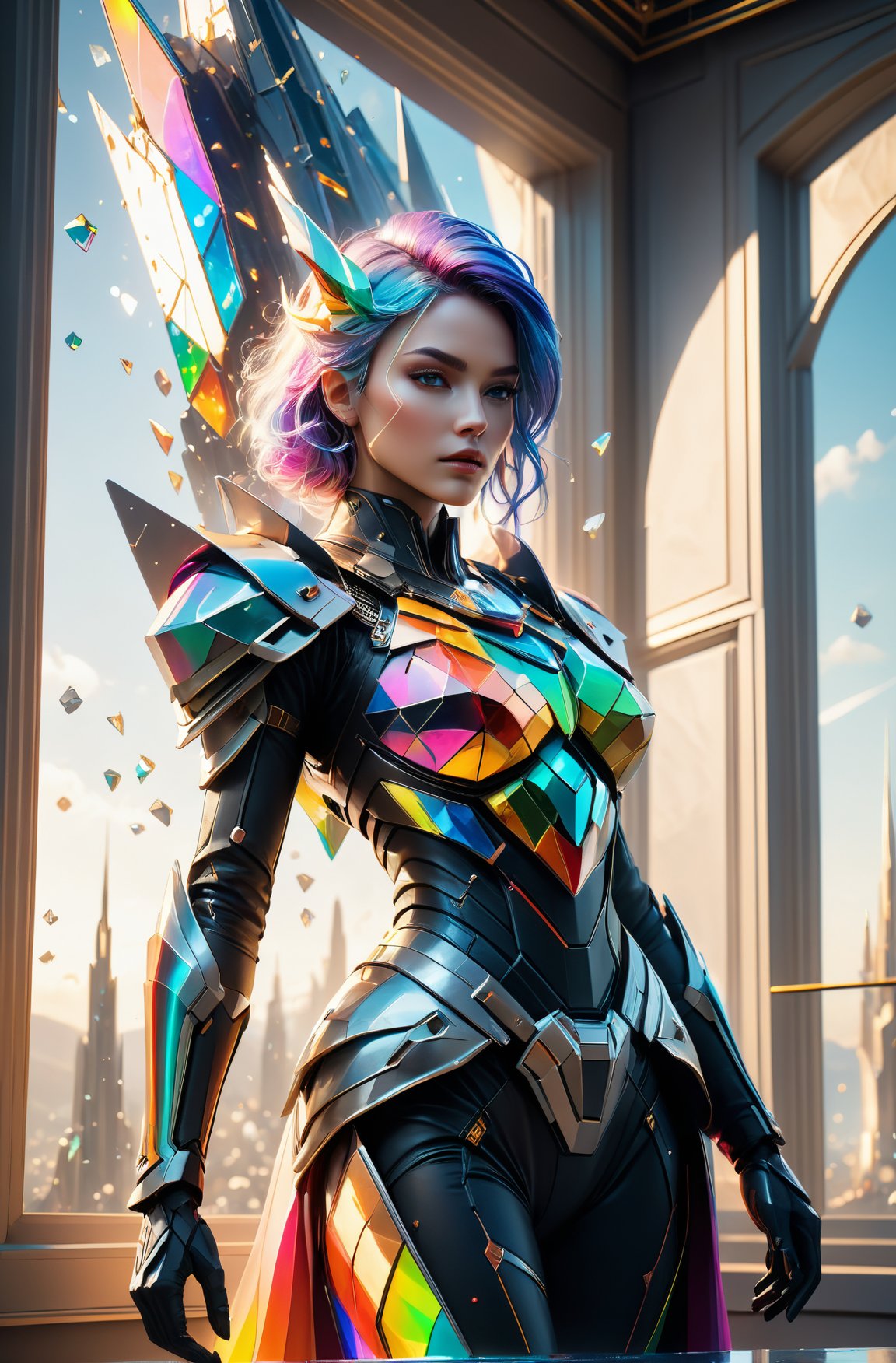 highly detailed photo of 8k ultra realistic corrupted rainbow humanoid queen standing next to a spaceship window overlooking earth, swarm of transparent glass shards, D&D, fantasy, cinematic lighting, highly detailed, in the style of Delaunay, artstation, concept art, smooth, sharp focus, illustration, warm light, cozy warm tint, magic the gathering artwork, volumetric lighting, 8k, no gold, no gold colours, art by Akihiko Yoshida, Greg Rutkowski