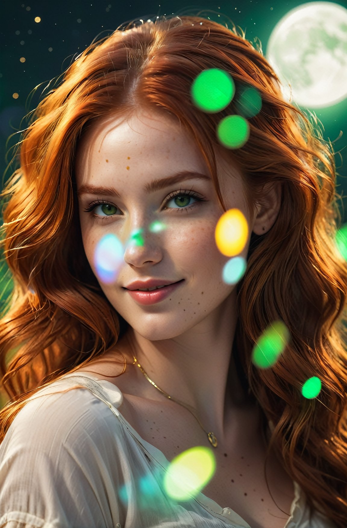 masterpiece, photorealistic highly detailed 16k raw photo, best cinematic quality, volumetric lighting, volumetric shadows, voluptuous redhead young woman in casual clothes, freckles, seductive smile, green eyes, very long wavy hair, moon background, extreme close-up view