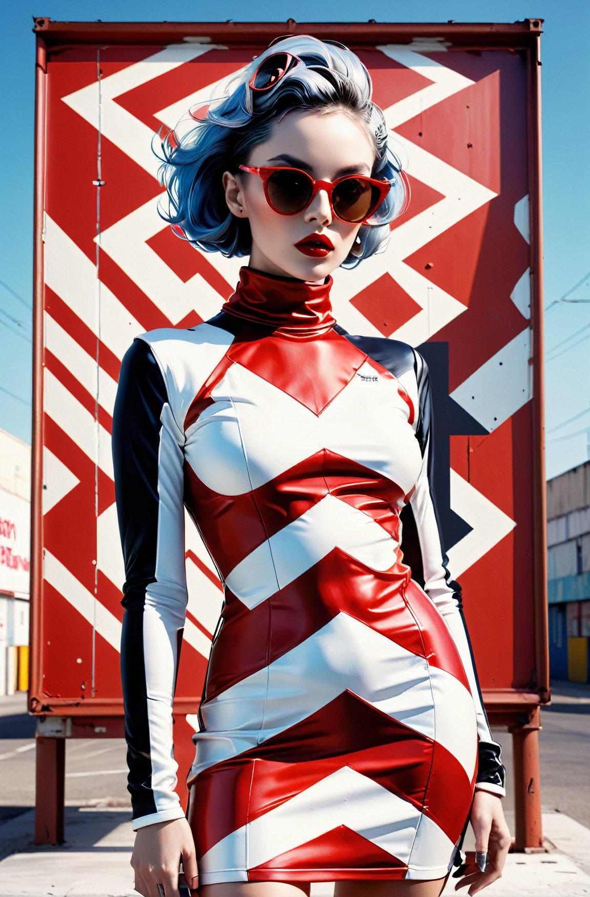 front profile full body Photography, in font of a rusty billboard, a hip hop 80's British model woman with 50's haircut, in a white and red zig zag stripes turtleneck dress and large sunglasses, 80 degree view, art by Sergio Lopez , Natalie Shau, james jean and salvador dali